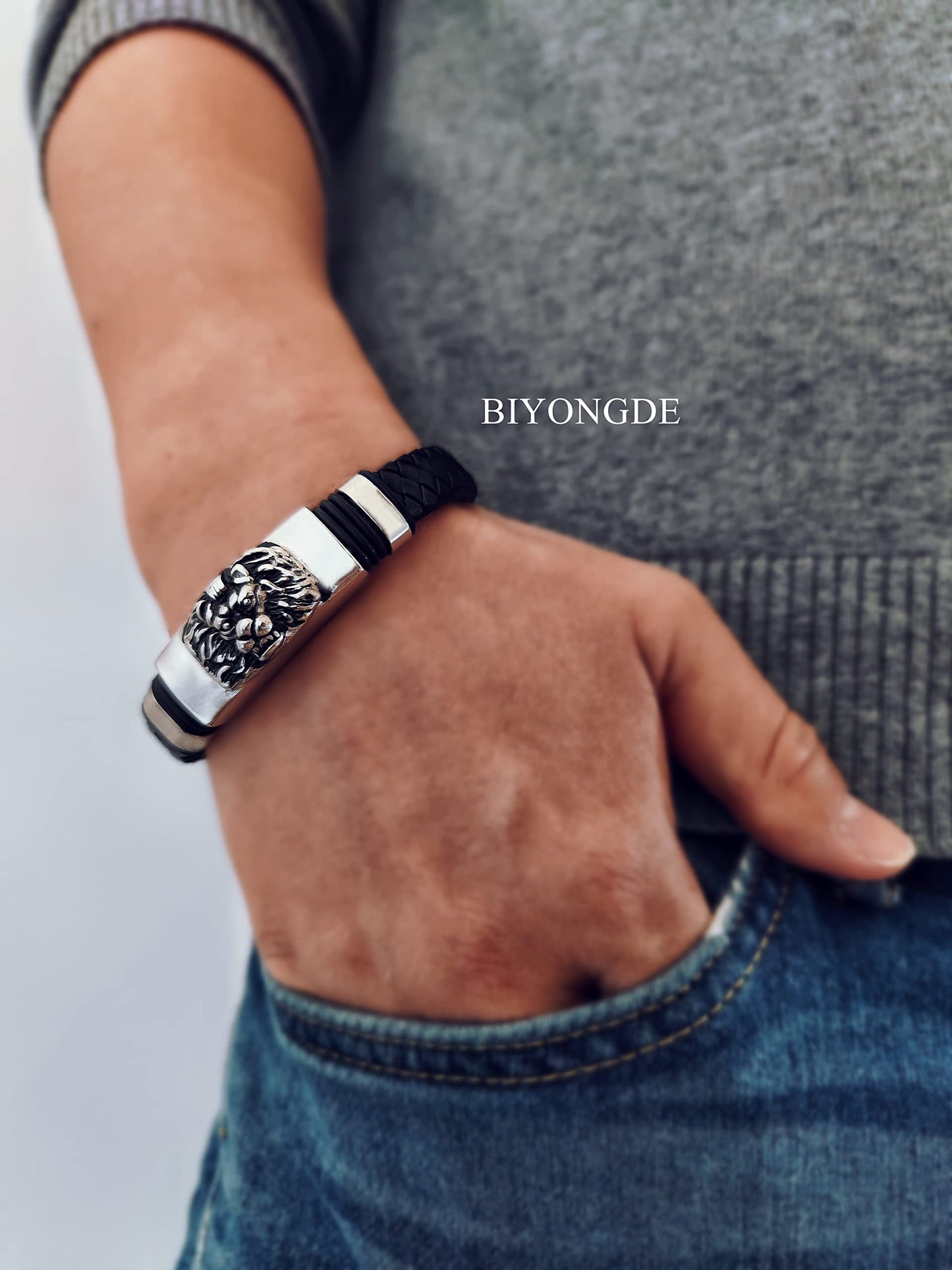 BIYONGDE Mens Womens Black Braided Leather Bracelet, Vintage Stainless Steel King Lion Head ID Identification