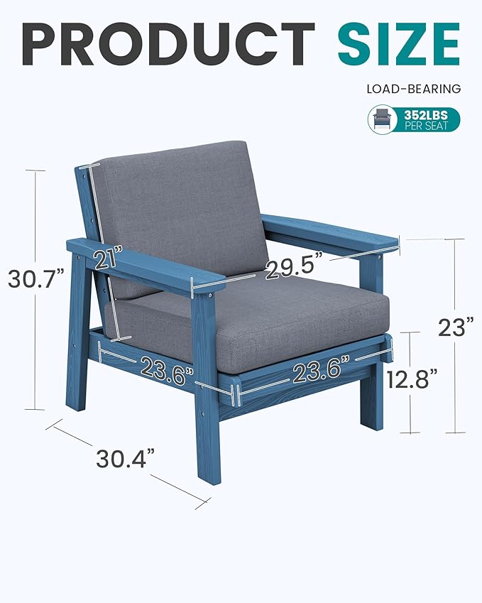 SERWALL HDPE Outdoor Couch Set of 2, Blue Frame and Grey Cushion