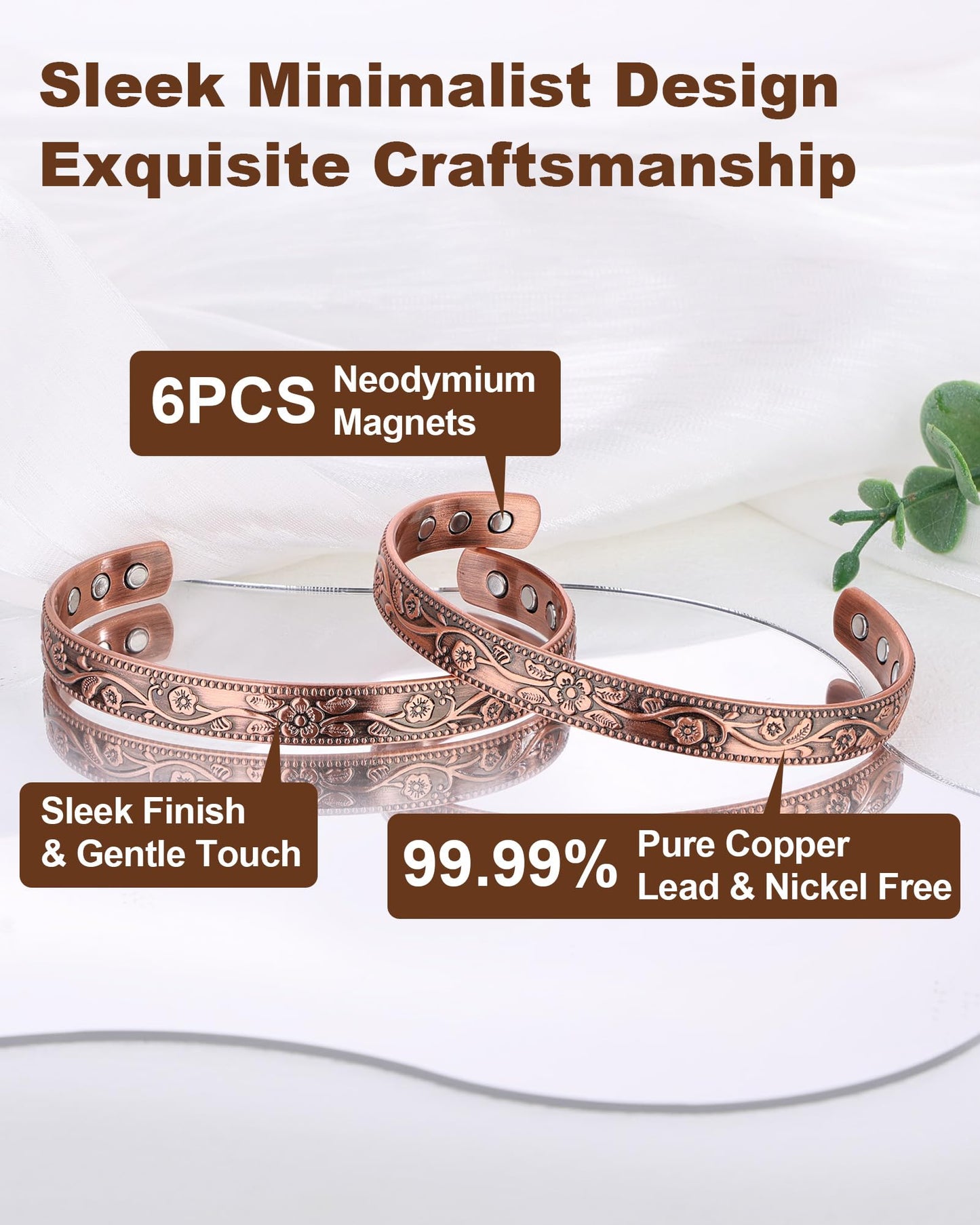 Fashtour Copper Magnetic Bracelets for Men Women,99.99% Pure Copper With 6 & 8 Ultra-Strong Magnets 3800 Gauss, Adjustable Design(2PCS) (Vintage)