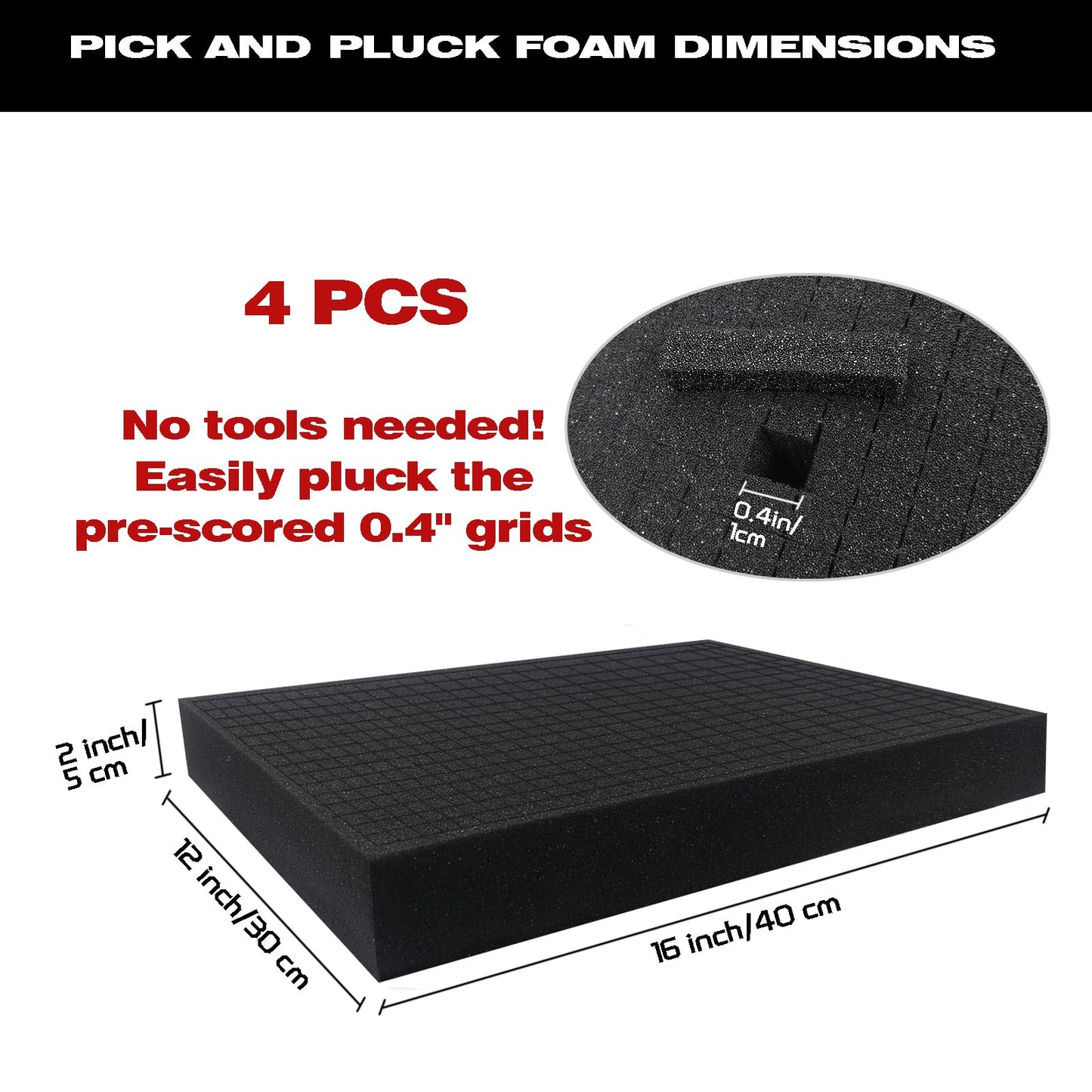 KYHSOM 4 Pack Pick and Pluck Foam 16x12x2 Inch - Pre-Cubed Cell Polyurethane Sheets for Tool Box, Camera, Craft and Protective Case Liner Organizer