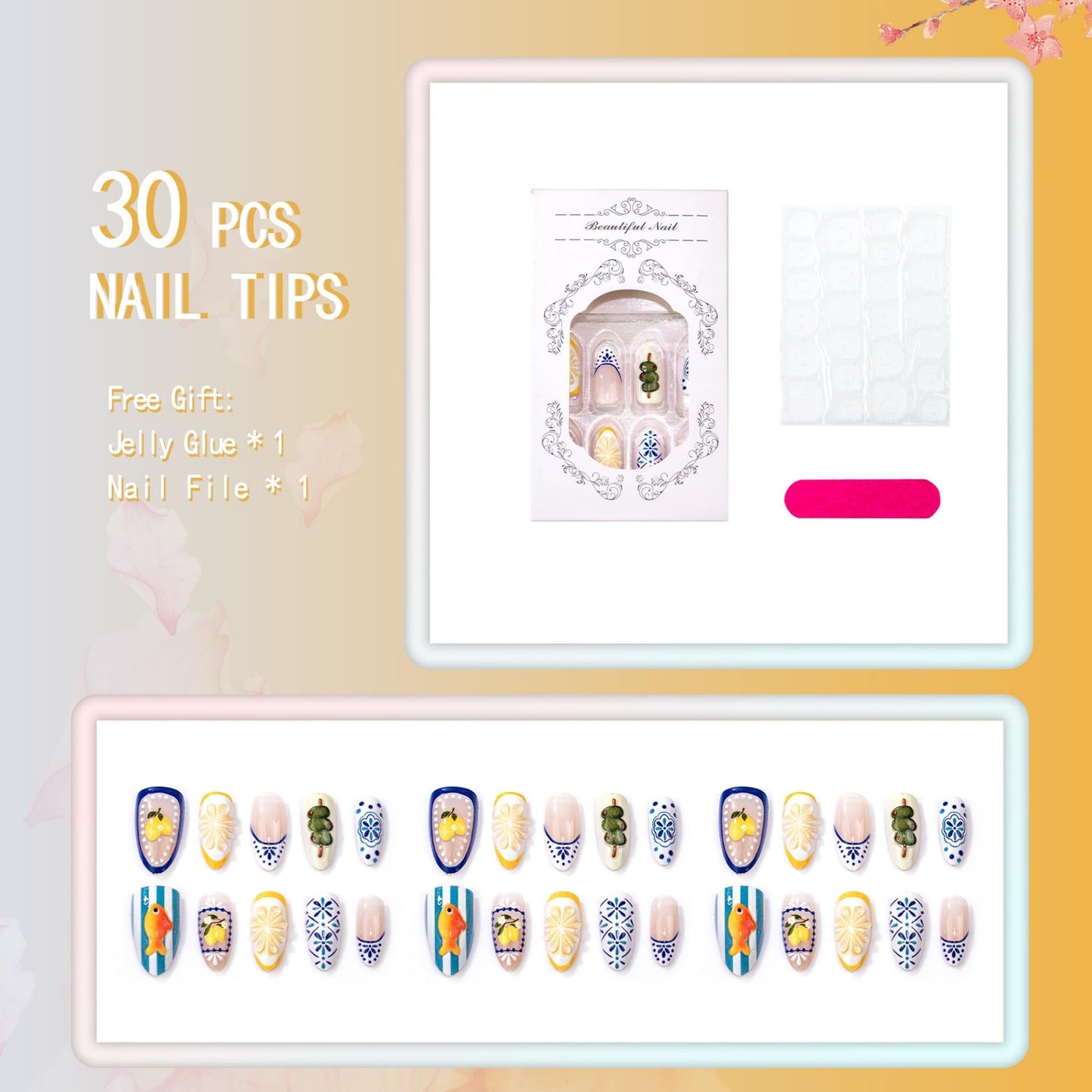 octoswave Long Almond Press on Nails with 3D Fruit & Fish Art - Acrylic Fake Nails for Women, Perfect for Summer Vacations, Parties & Beach Outings - 30Pcs