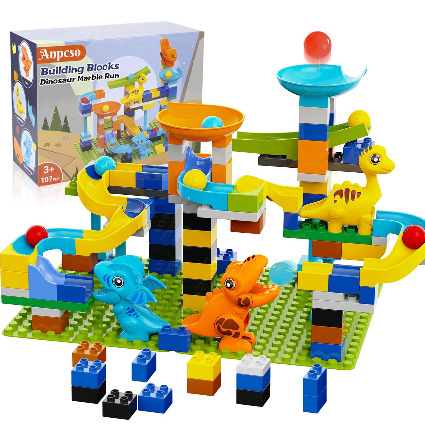 Anpcso Marble Run Building Blocks, Dinosaurs Marble Track Toy Classic Large Bricks for 3 4 5 6 7 + Year Old Boys Girls Kids, Bricks Compatible with All Major Brands