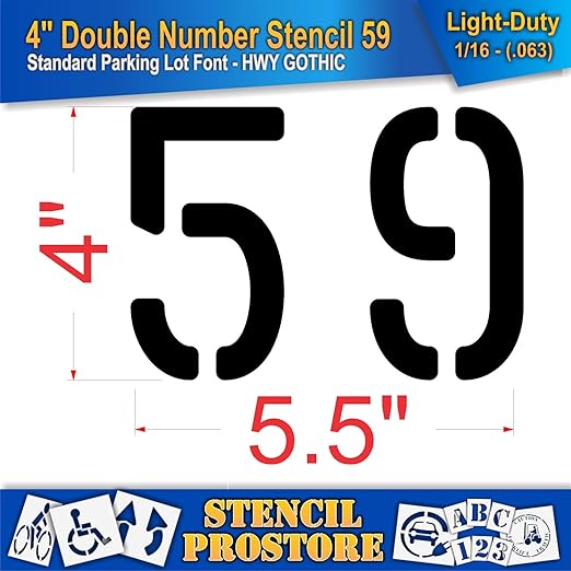 Pavement, Curb, and WheelStop Stencils - 4 inch Double Number Stencil - (59) - 4" x 5.5" x 1/16" (63 mil) - Light-Duty