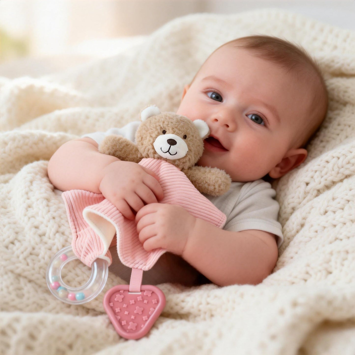 CREVENT 3-in-1 Baby Lovey Blanket with Teether & Rattle | Plush Chewable Animal Head Security Blanket, Birthday Gift - Pink Bear