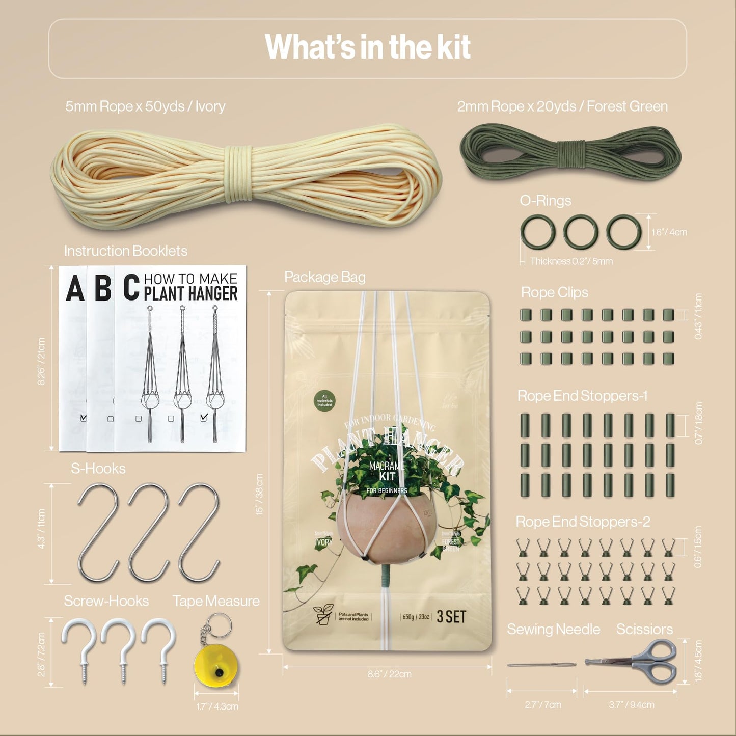 LET BE Macrame Kits for Beginners, 3 Set of Plant Hangers DIY Kit: Braided Polyester Ropes 50yds*5mm Ivory, 20yds*2mm Forest Green, 60+Pcs Supplies with Step-by-Step Easy Instructions (IVGR)