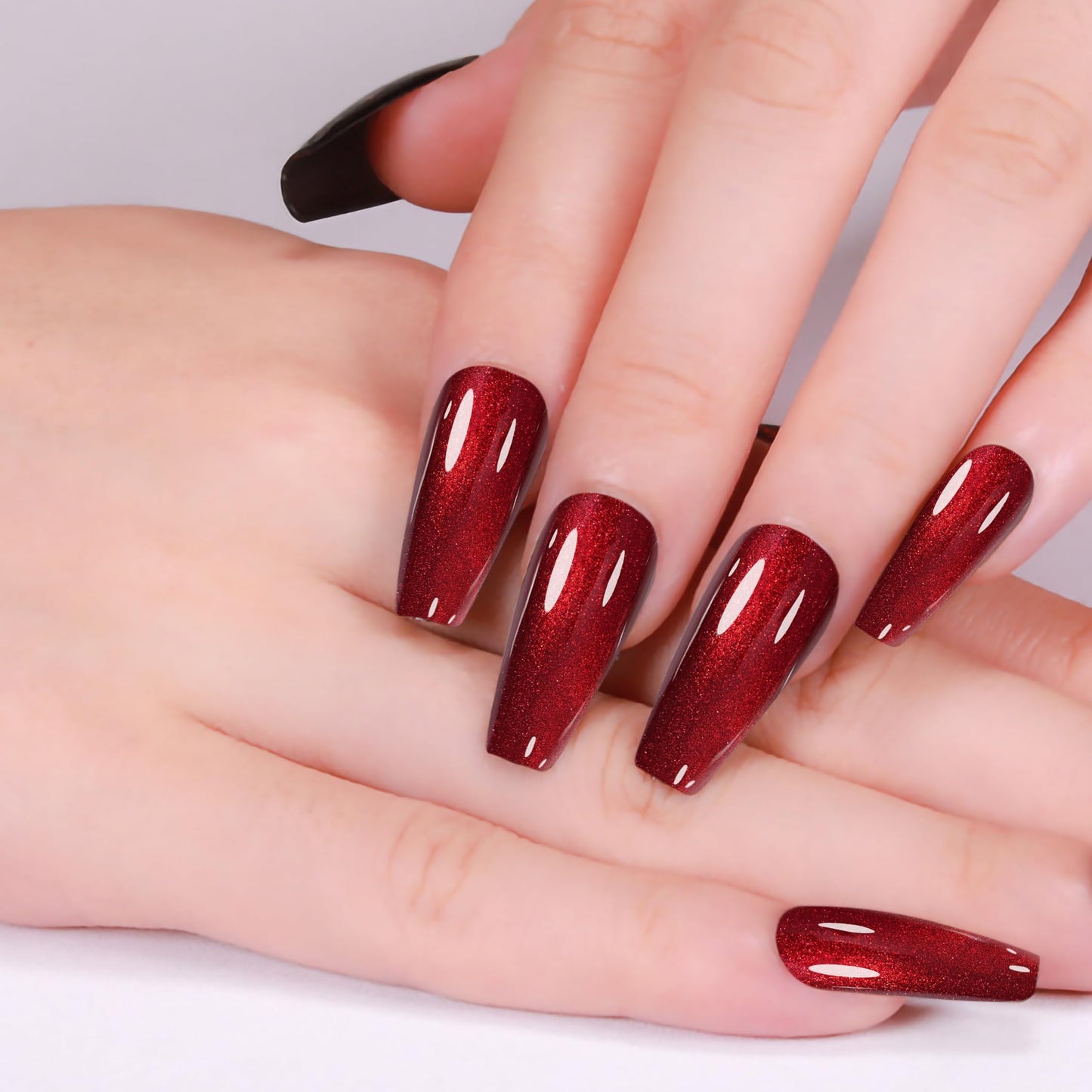 Rimudecure 24 Pieces Handmade Red Cat Eye Press On Nails Long Coffin Fake Nails Handmade with Toughened Sealer High Texture High Gloss Fake Nails
