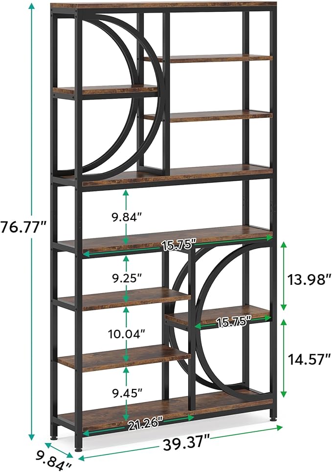 Tribesigns Bookshelf, Industrial 8-Tier Etagere Bookcases, 77-Inch Tall Book Shelf Open Display Shelves, Wood Look Accent Shelving Unit with Metal Frame for Home Office (2, Brown/Black)