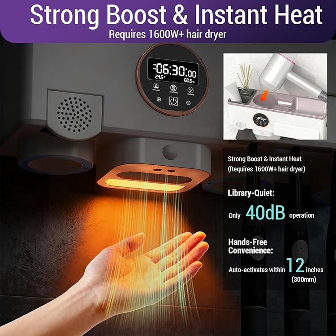 Toothbrush Cleaner and Holder for Bathrooms Wall Mounted with Fan Drying&30min Timing Function Cruise Air Drying,Electric Toothbrush Holder with 4Toothbrush Slots,Toothpaste Dispenser with Led Smart