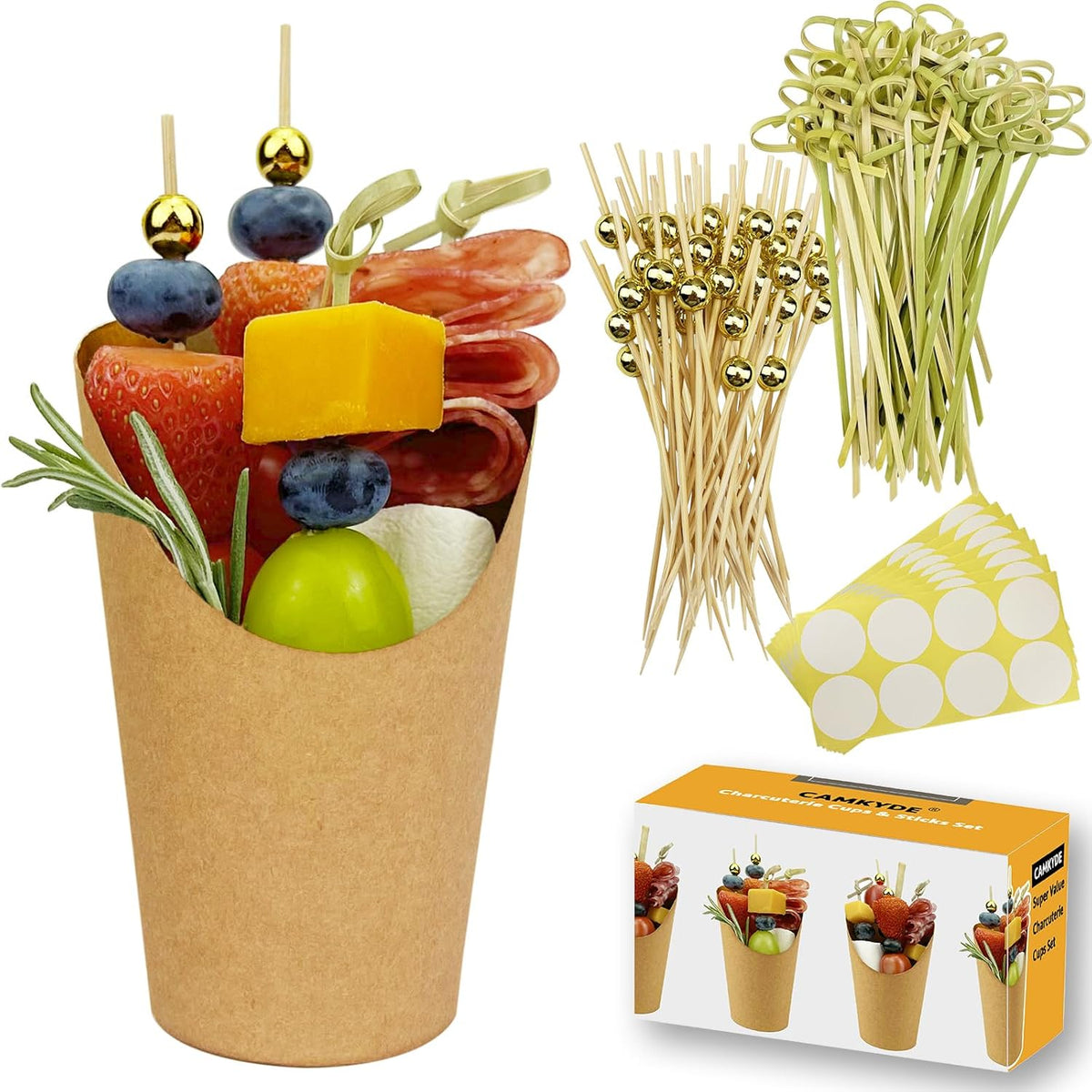 CAMKYDE 50 Charcuterie Cups + 200 Cocktail Picks + 56 Labels, 12 oz Disposable Charcuterie Cups with Sticks (2 Types), French Fry Cup Brown Paper Appetizer Cup for all Occasions