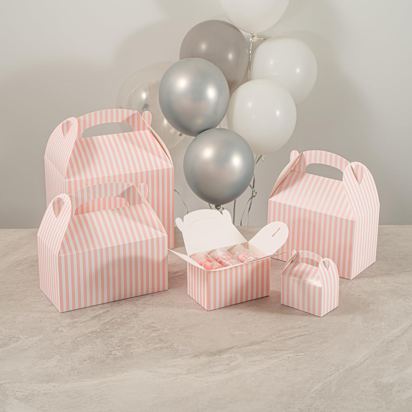 Bio Tek 6 x 3.5 x 3.5 Inch Gable Boxes For Party Favors, 25 Attractive Gift Boxes - Striped Design, With Built-In Handle, Pink And White Paper Barn Boxes, Disposable, For Parties