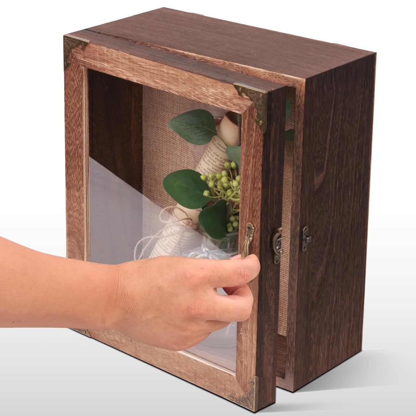 KAASTHAA Shadow Box Frame 11x13, Depth 5in Shadow Boxes Display Cases, Rustic Burnt Wood, Vintage Metal Accents, Acrylic Door, Metal Handle and Latch, Linen Back