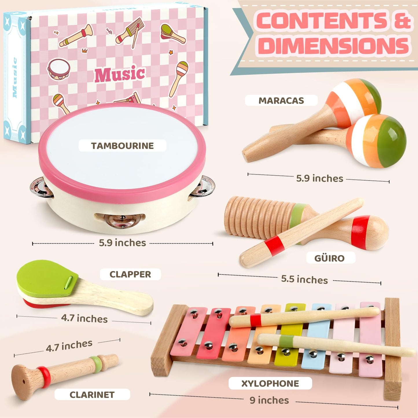 Baby Musical Instruments - Montessori Wooden Musical Toys for Toddlers 1-3, Xylophone Maracas Tambourine Percussion Set, Kids Preschool Music Learning Toys, Educational Birthday Gifts (Rainbow)