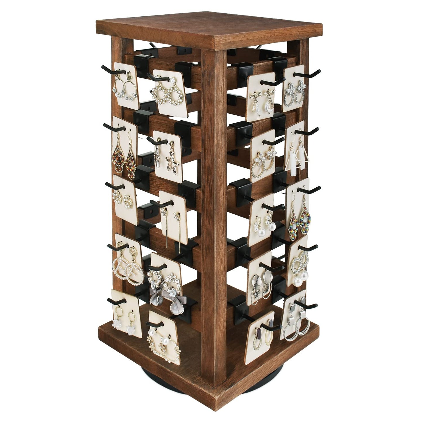Ikee Design 5 Tiers Easy Assemble Wood Rotating Jewelry Display Tower with 42 Removable Hooks,Spinning Earring Card Storage Display Stand for Store, Showcase, Tradeshow and Home,Brown Color