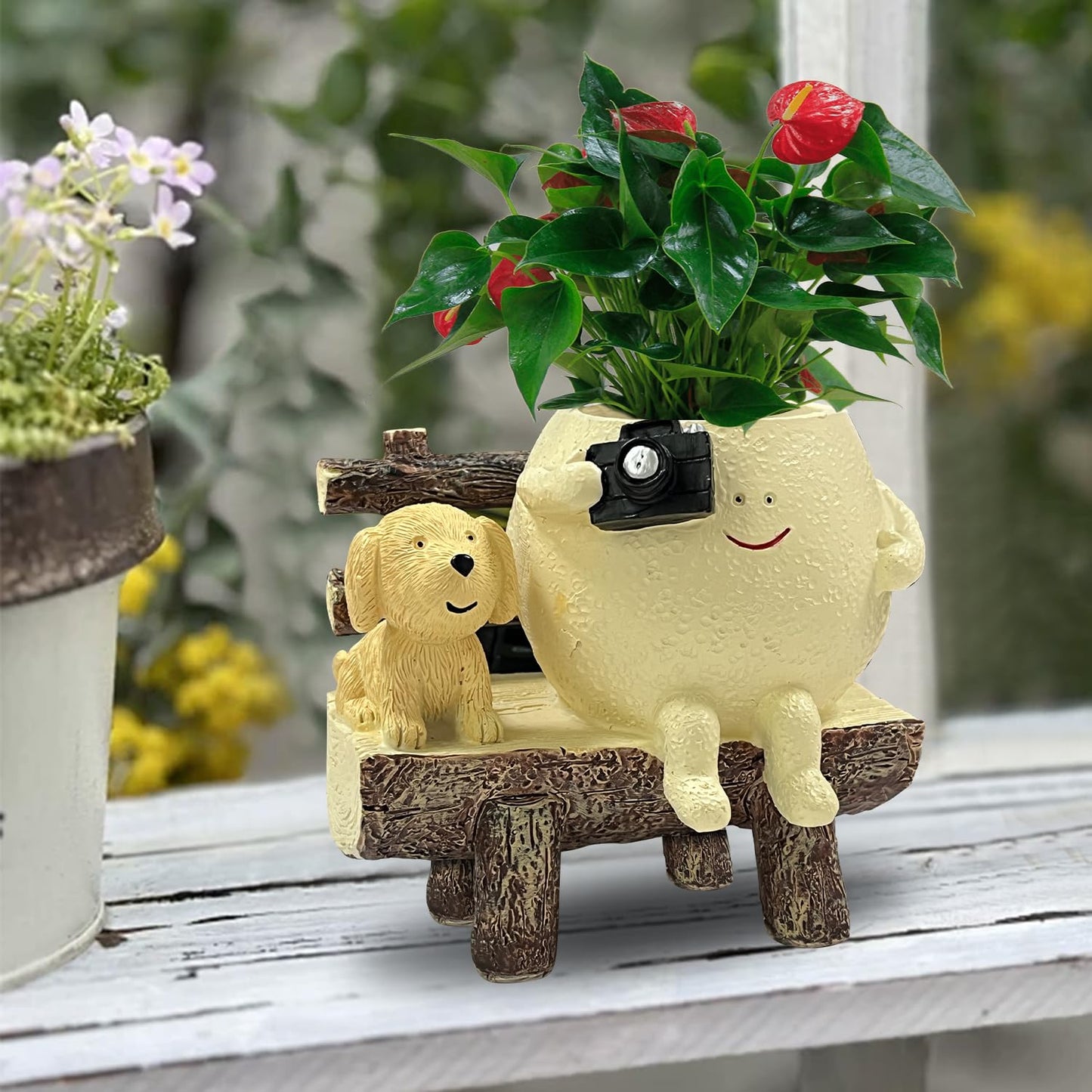 Tuenmofun Cute Funny Resin Bench Smiley Face Plant Pot Unique Head Succulent Planter for Indoor & Outdoor Flower
