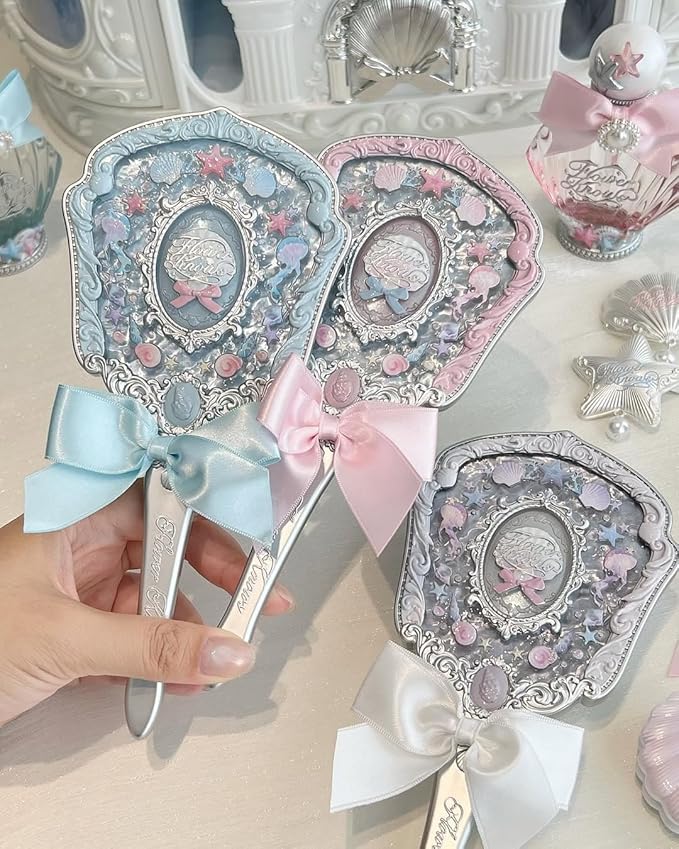 Flower Knows Shell's Jewel Hand Mirror,Vintage Portable Handheld Mirror,Fancy & Pretty Princess Mirror with Long Handle,Gift for Girls(Pearly White)
