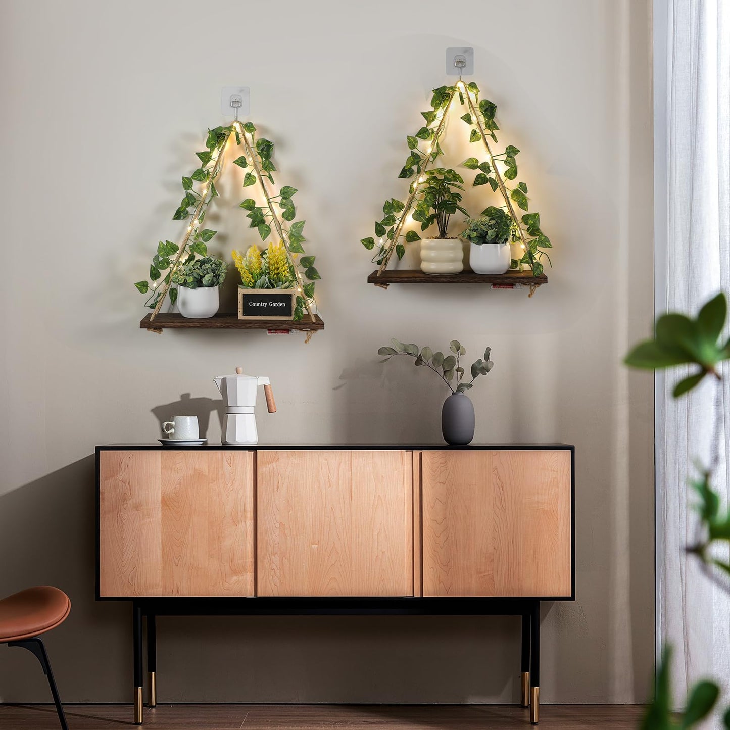 EXIN DECHEN Floating Shelves for Wall No Drilling,Wall Shelves,Hanging Shelf,Leaves and Light Strip with Flower,Set of 2 Plant Decor for Home Livingroom Bedroom,Led Room Decor Aesthetic,Gift