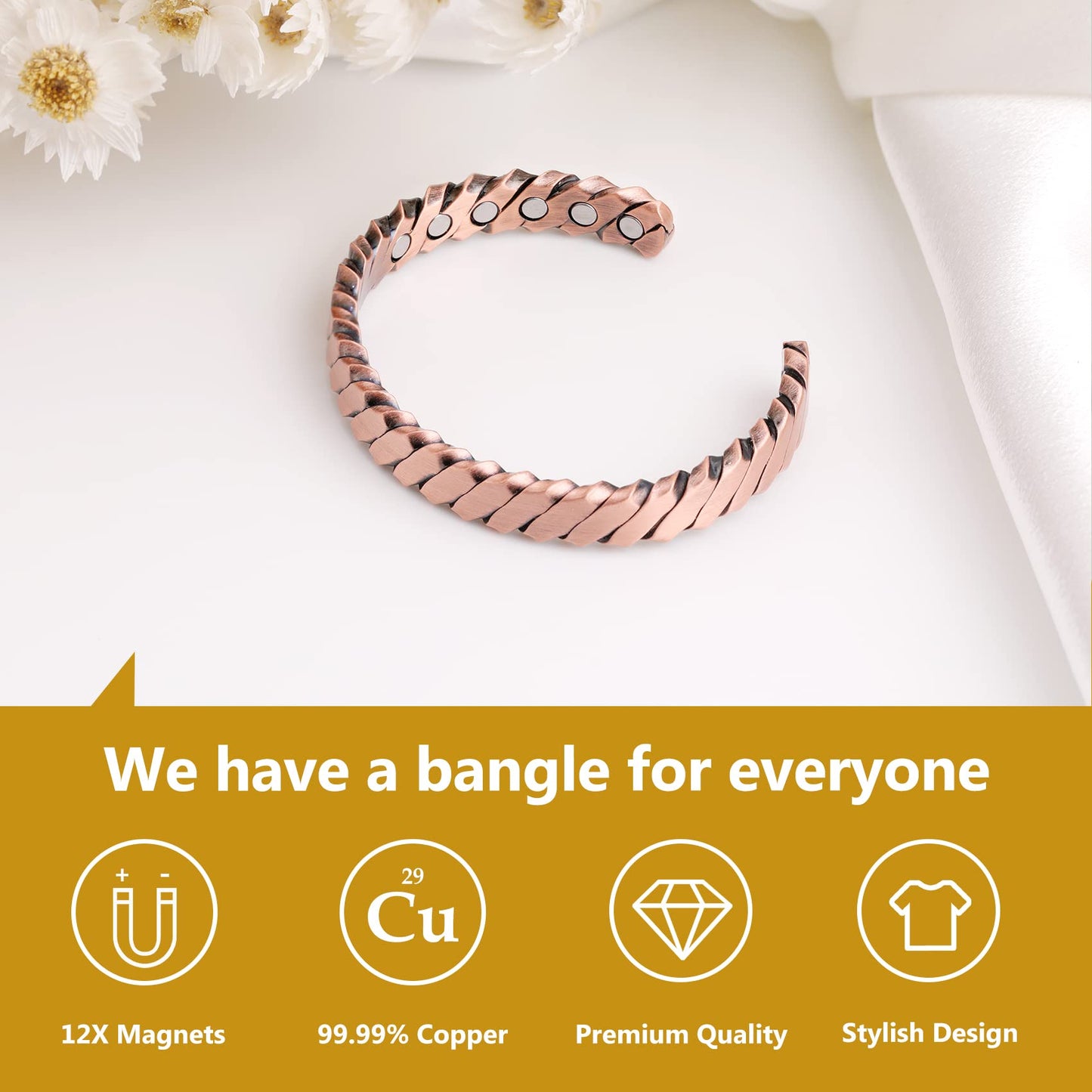 Feraco Copper Bracelets for Men, 12X Strength Pure Copper Magnetic Bracelet for Men with Neodymium Magnets, Adjustable Cuff Bangle (Woven)