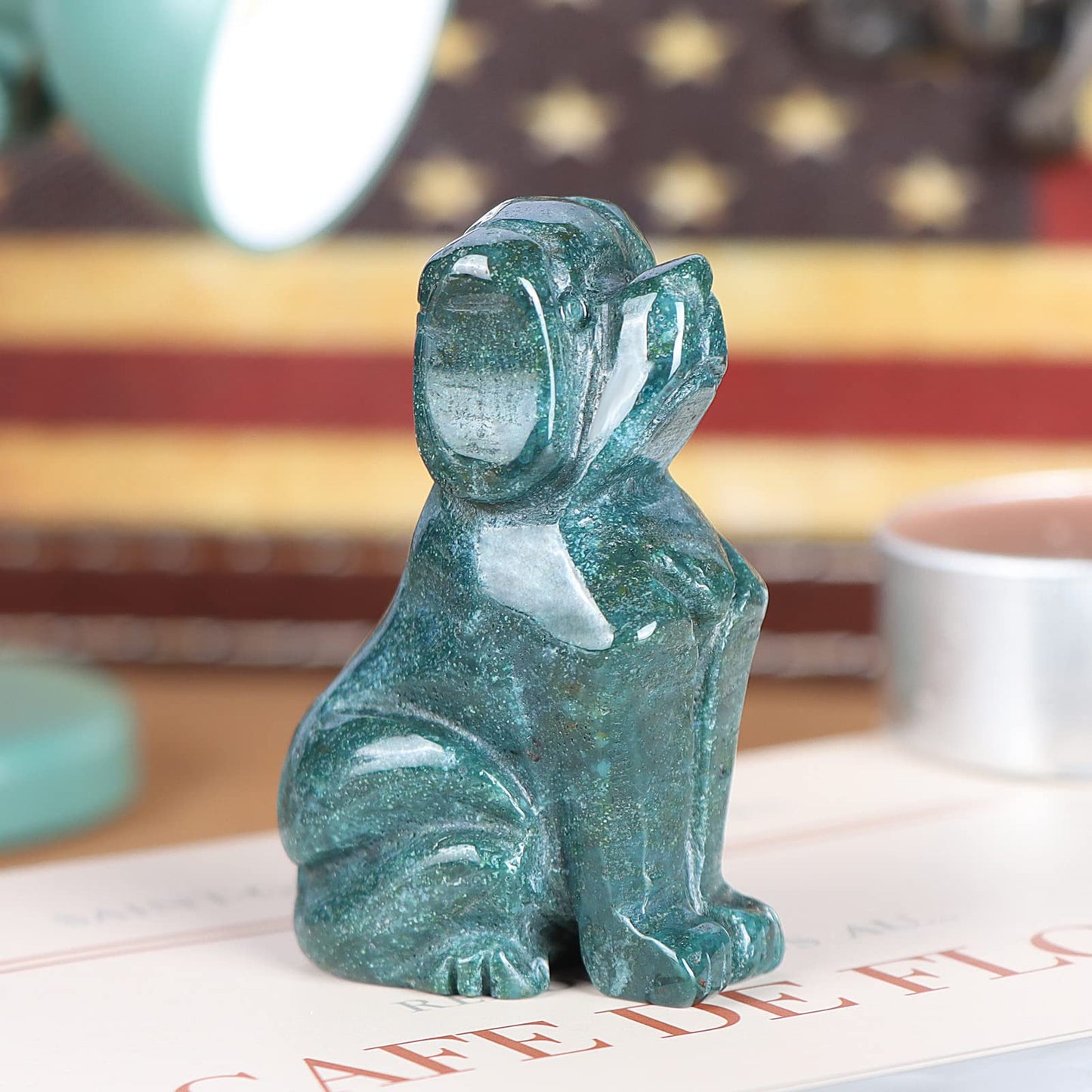 Artistone 2" Ocean Jasper Dog Crystal Animals Figurine Carved Gemstone Puppy Dog Statue Sculpture Craft Home Decorations