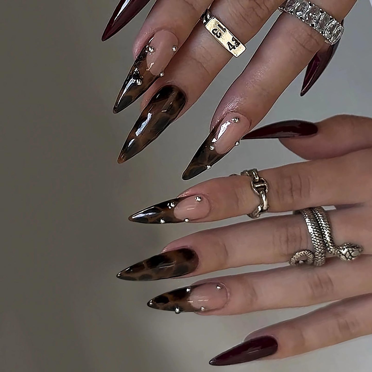 MISUD Press on Nails - Long Stiletto Glue on Nails with Fall Brown, Acrylic Tortoise Design 24 pcs