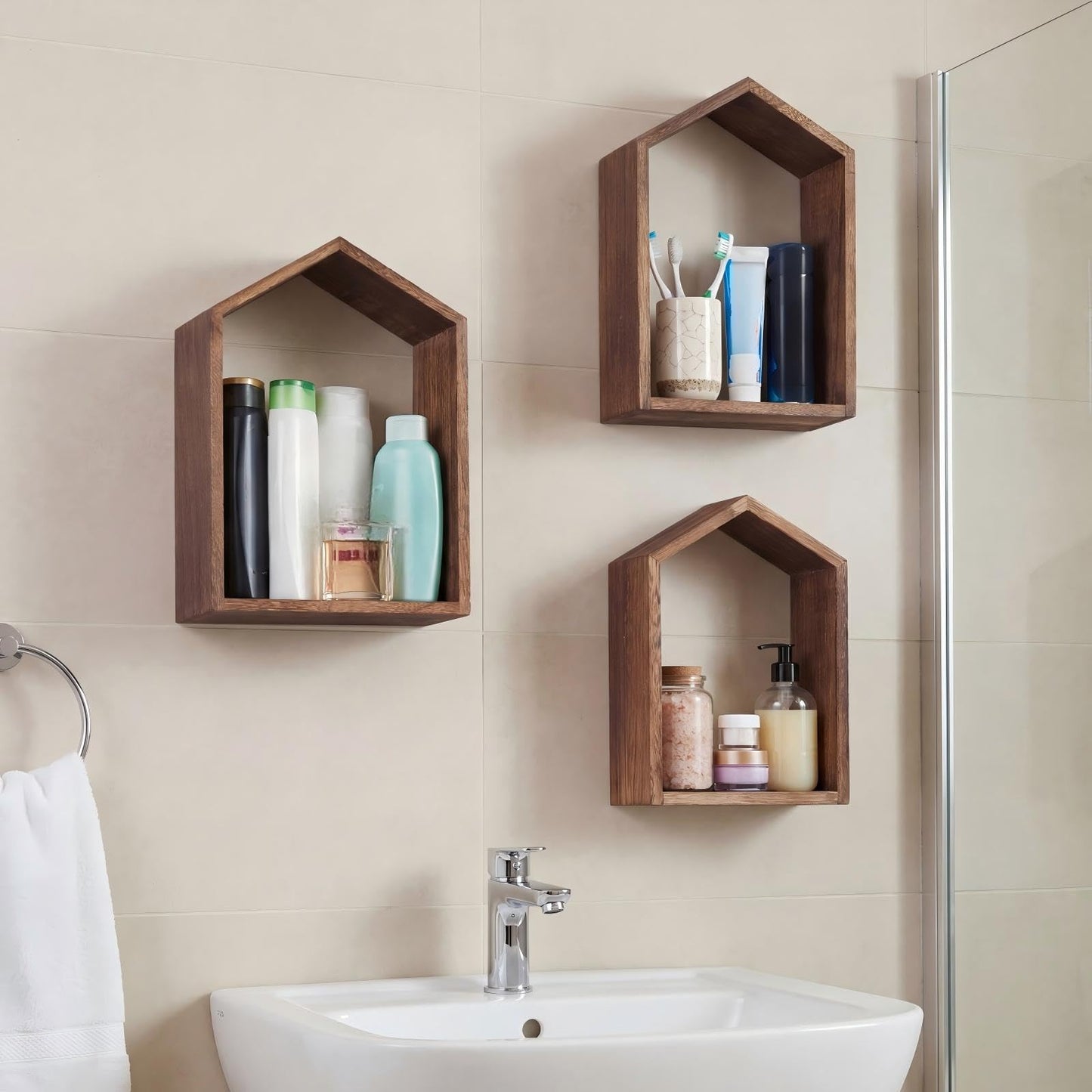 Threehoney 3 Set Wall Shelf 9.8 x 7.1 Inch Wooden Hanging Shelf Deep Display Storage Shelves Floating Shelves for Home Office Room Mini Figures Potted Plants Wall Decor(House,Brown)