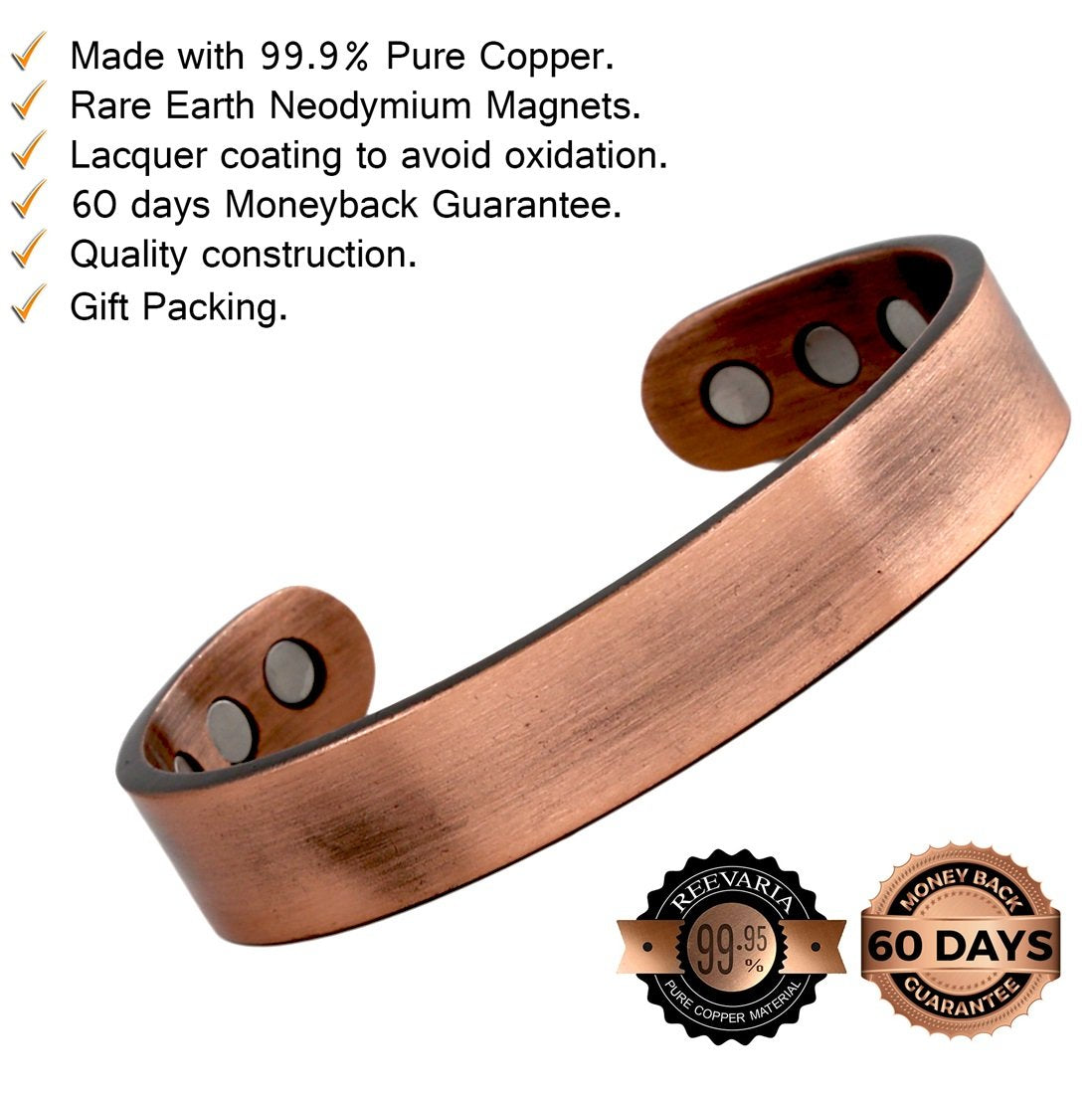 Reevaria - Pure Copper Plain Magnetic Heavyweight Cuff Bracelet for Men, with 8 Magnets 3500 Gauss