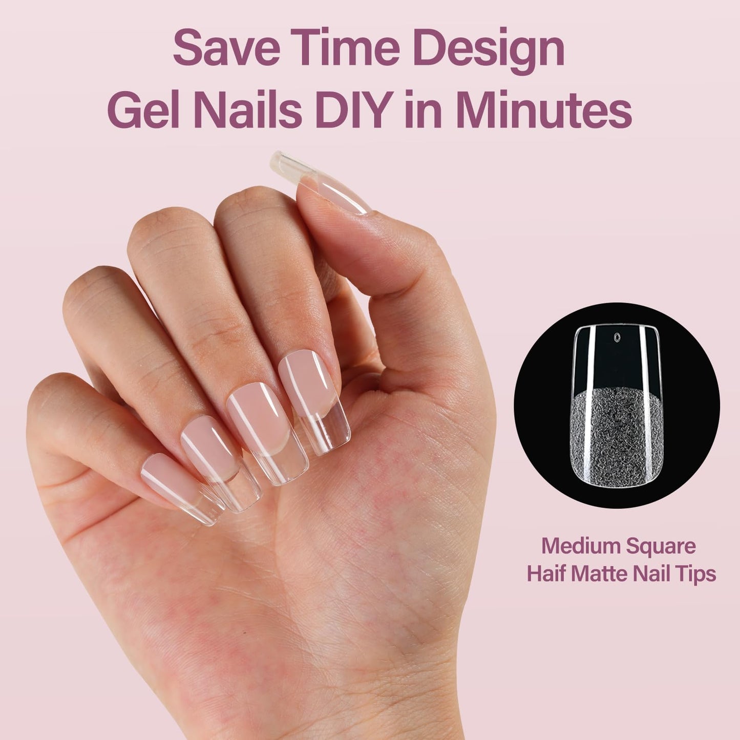 Misssix Medium Square Gel x Nail Tips Kit, 216Pcs Pre Etched Clear Fake Nails, Full Cover False Nail 9-in-1 Gel Glue and Portable Mini U V Nail Lamp for Women 12 Sizes