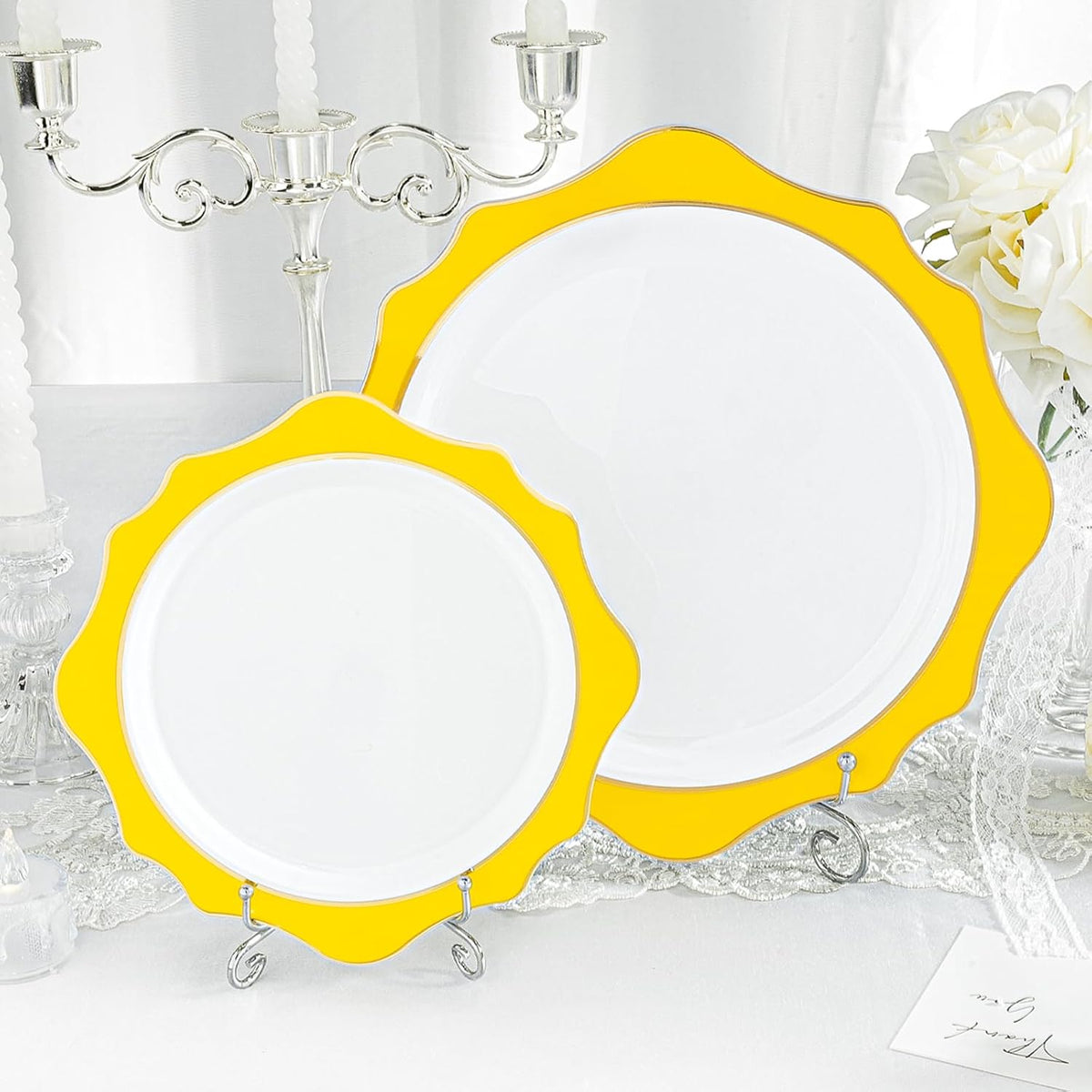 100 PCS White and Yellow Disposable Plates for 50 Guests, Scalloped Plastic Plates Include 50 Dinner Plates and 50 Dessert Plates for Party, Wedding