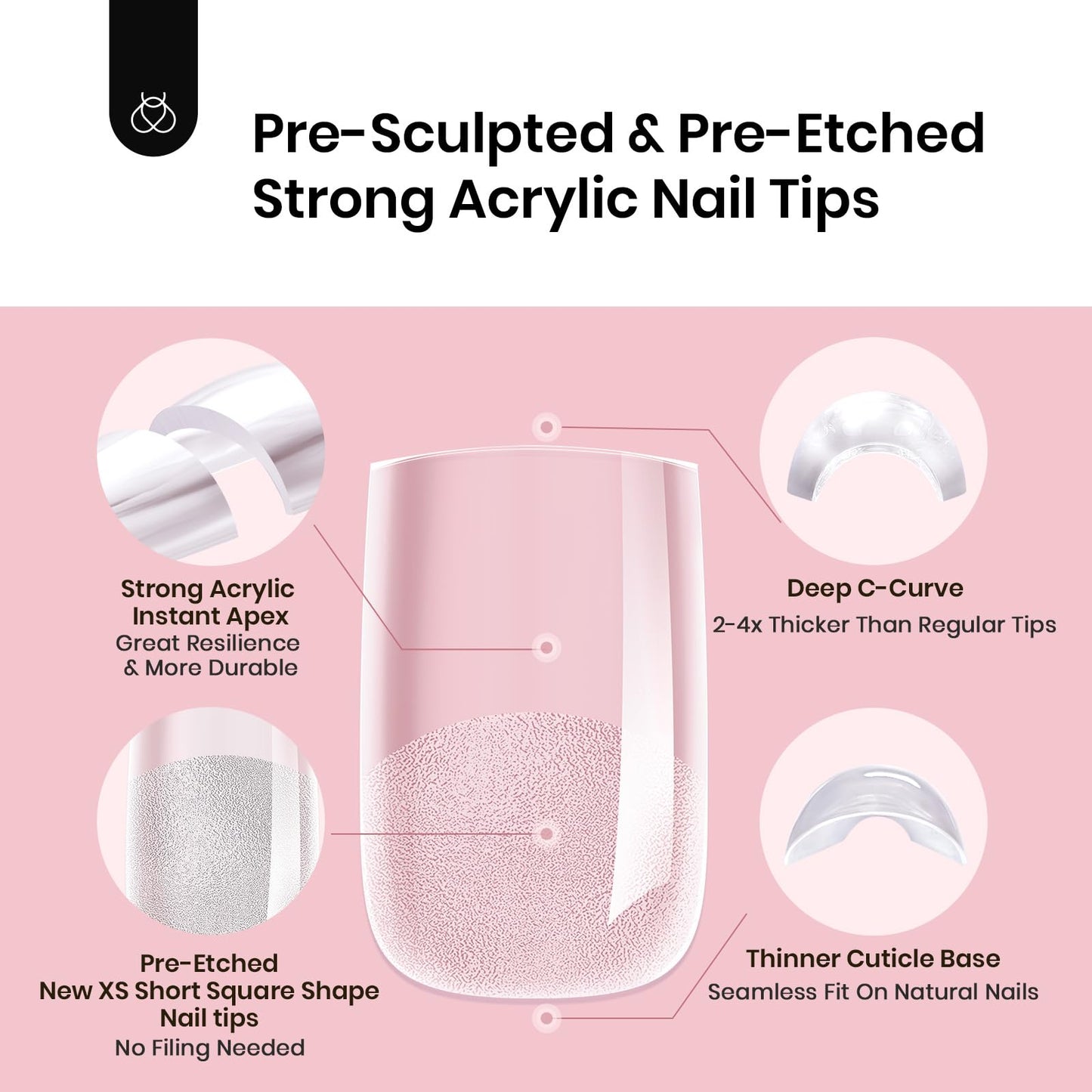 Beetles Tipex Instant Apex Nail Tips, XS Short Square, 16 Sizes |00–14, 192pcs, Built-In Apex, No Builder Gel Required, Thicker Strong Acrylic Tips for DIY Nail Extensions