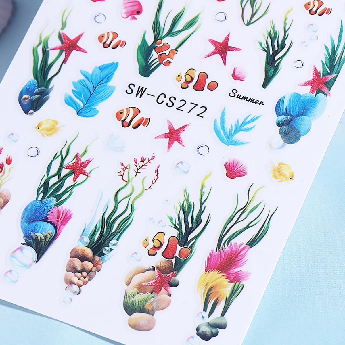 Marine Life Nail Art Stickers Decals 3D Self-Adhesive Fish Seaweed Nail Decals Design Supply Summer Fish Seaweed Marine Life Nail Stickers for Women DIY Manicure Decoration Accessories 4 Sheets