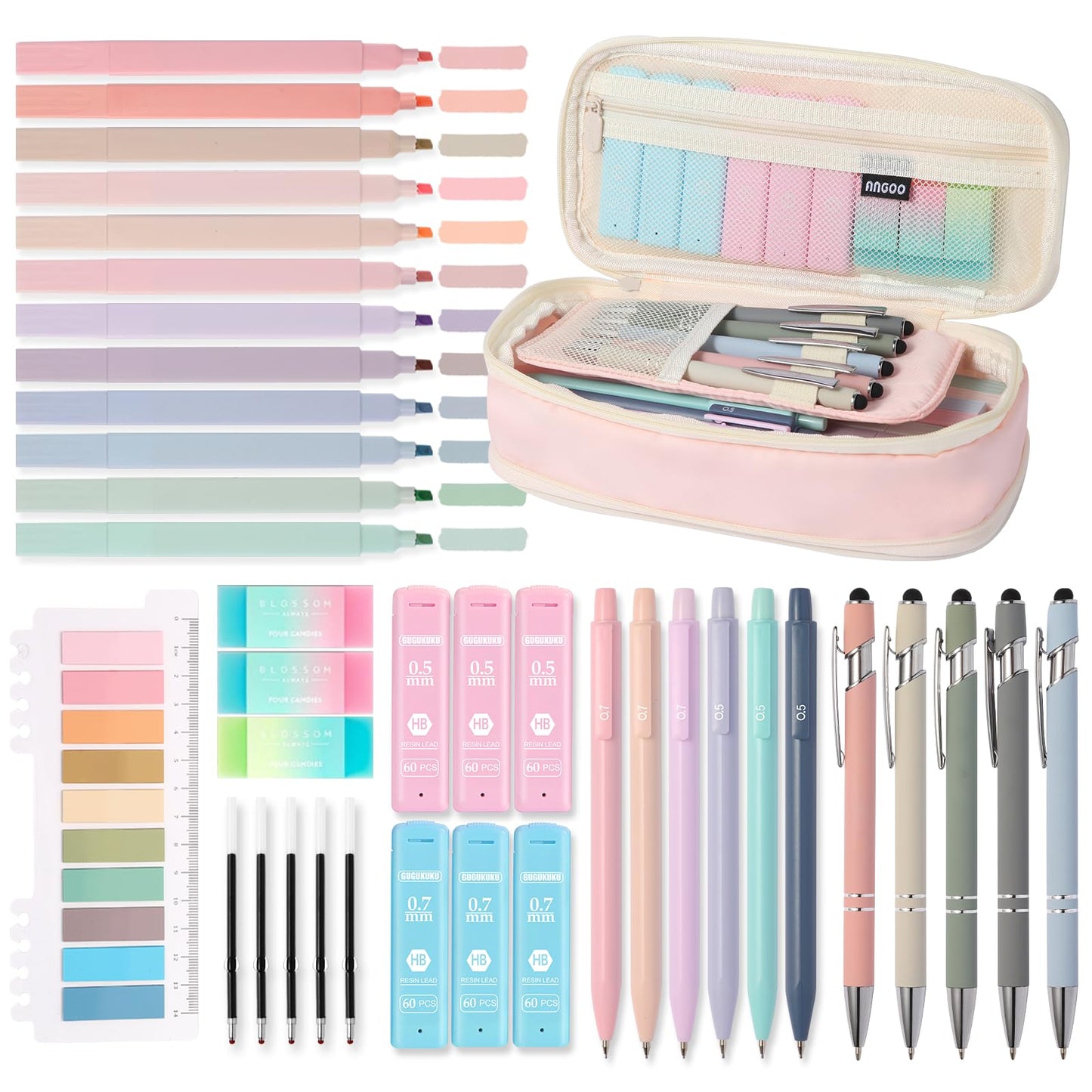 39PCS Aesthetic School Supplies with Cute Pencil Case, 5X Ballpoint Pens with Stylus Tip, 12X Pastel Highlighters, 6X Mechanical Pencil Set 0.5 & 0.7mm, Suit for Preppy School College Essentials(pink)