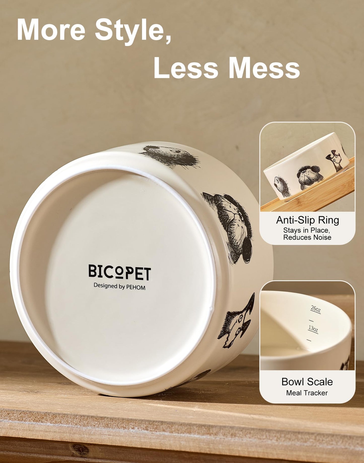 BICOPET Ceramic Cute Dog Bowl with Non-Slip Ring - 6.5 Cups, Heavy-Duty Stoneware Bowl, Pet Feeding, Microwave and Dishwasher Safe-Derpy-L (Single Bowl)