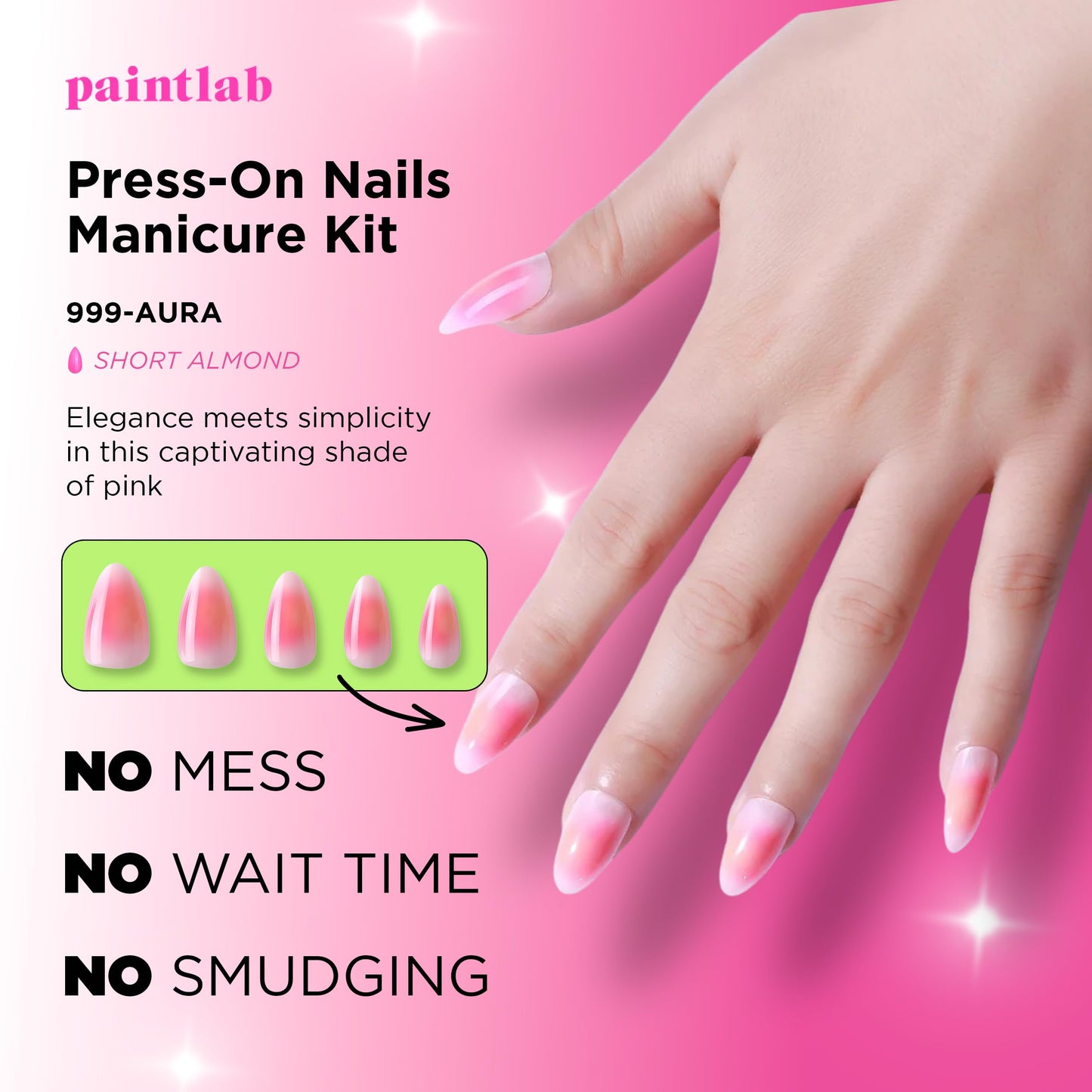 PaintLab Press On Nails - Pink 999 Aura Almond Fake Nails, 24 Nails in 12 Sizes with Glue, Reusable Salon Quality Press On Nails