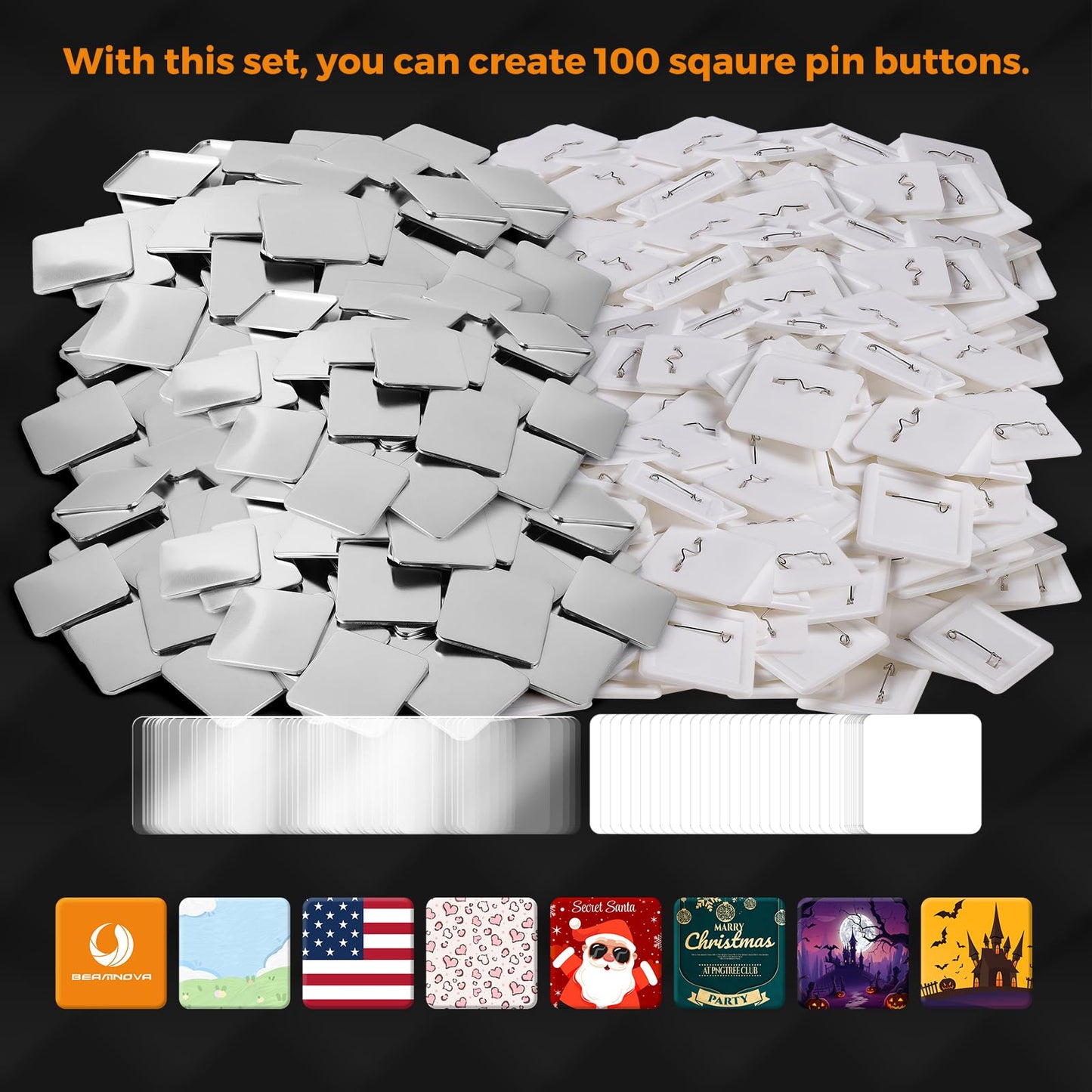 BEAMNOVA 100 Sets of Square Button Maker Supplies 50 * 50mm / 1.97 * 1.97 in Blank Badges Parts for Round Pin Maker, Supplies Only, Machine NOT Included