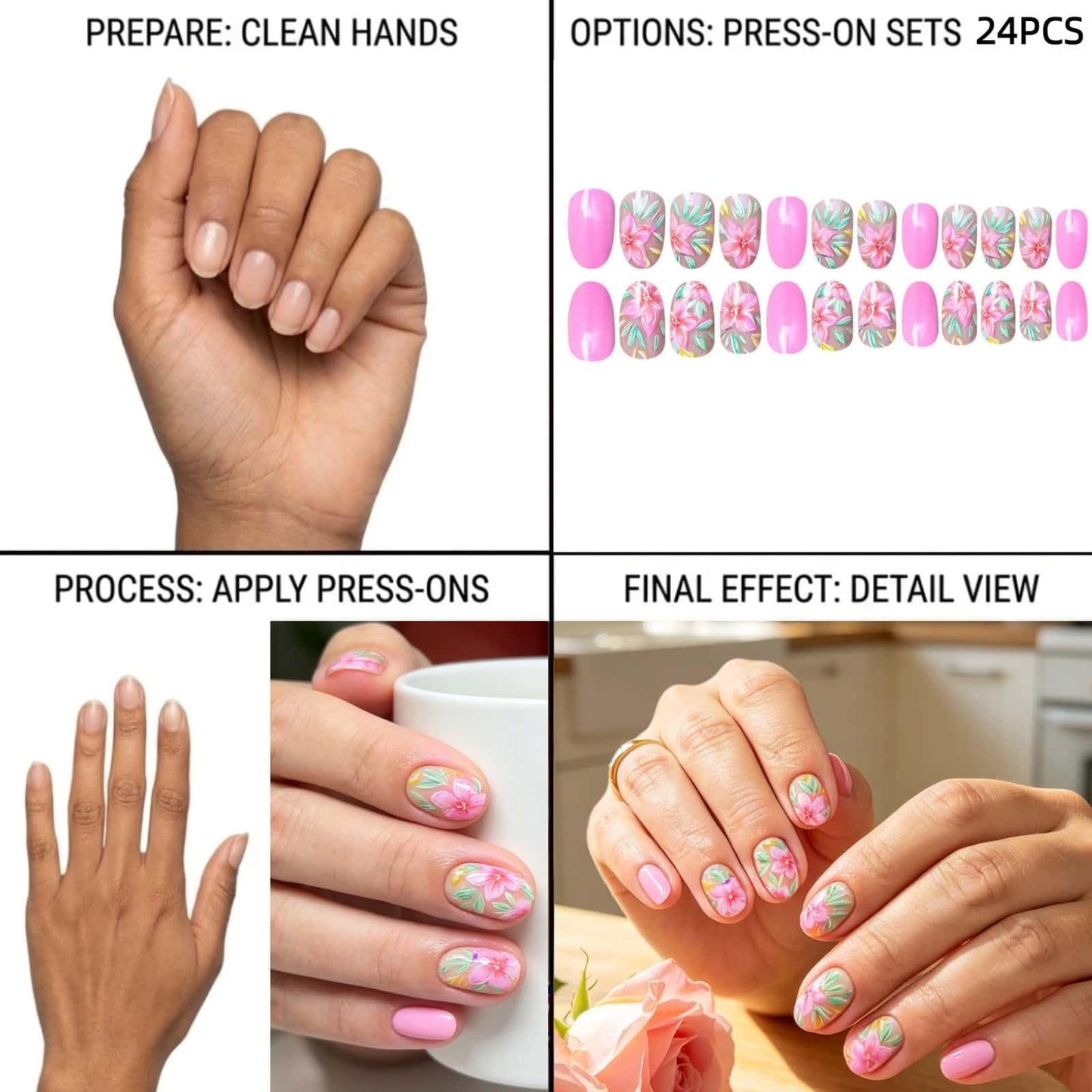 Pink Flower Press on Nails Short Round Fake Nails with Small Daisy Leaves Design Glossy White Glue on Nails Spring Summer Reusable Artificial Nail Full Cover Stick on Nails for Women 24 Pcs