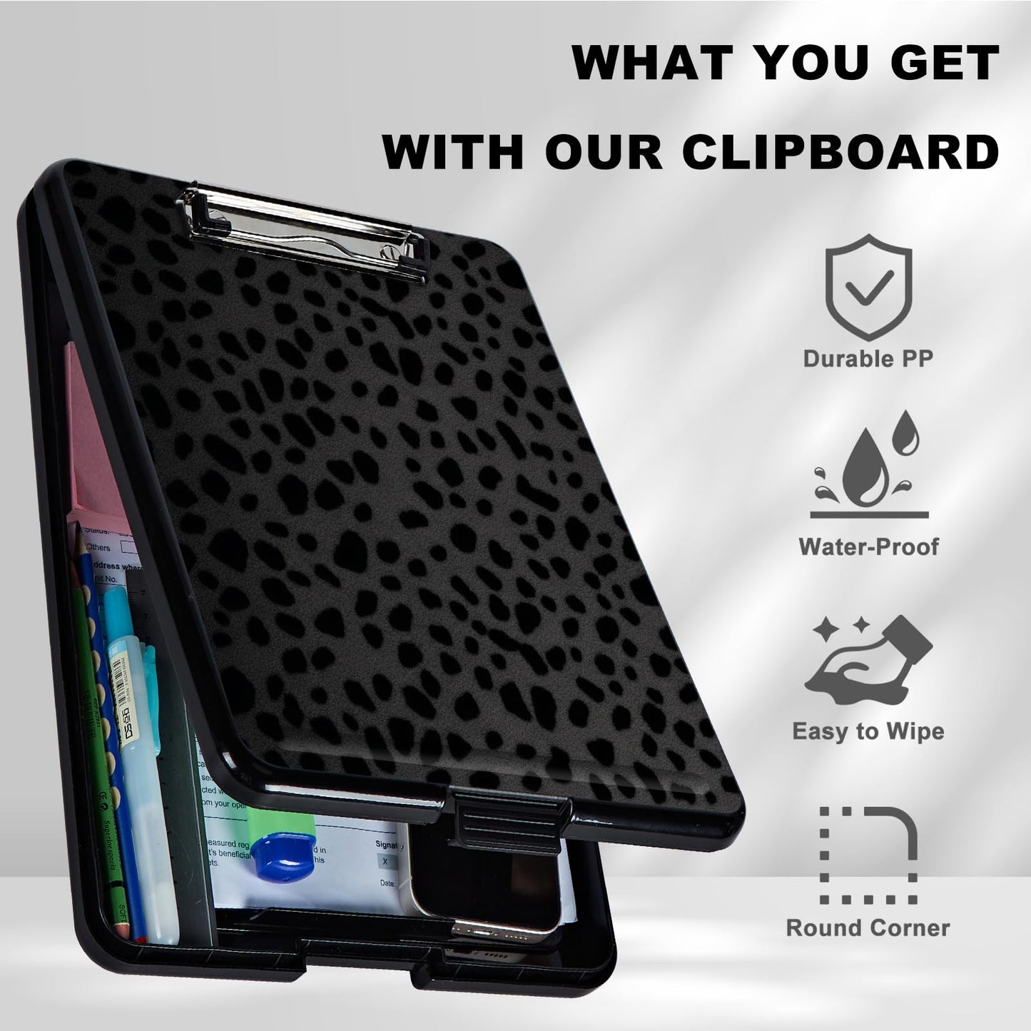 Clipboard with Storage,Plastic Storage Clipboard with Low Profile Clip, Heavy Duty Nursing Clipboards Foldable,Coaches Clipboard Case for Work, Teacher,Office School Supplies,Black Leopard Print