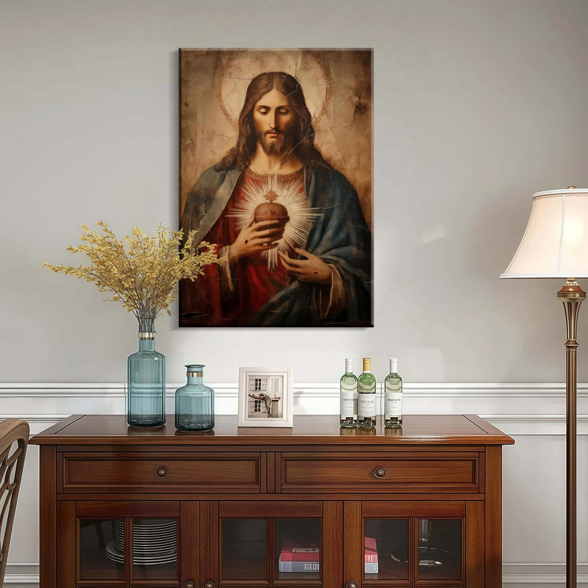 Framed Jesus Sacred Heart Canvas Painting Wall Art Christian Religious Poster Inspirational Bible Art Gallery Style Print for Bedroom Church Home Decor 12X16 Inch Ready to Hang