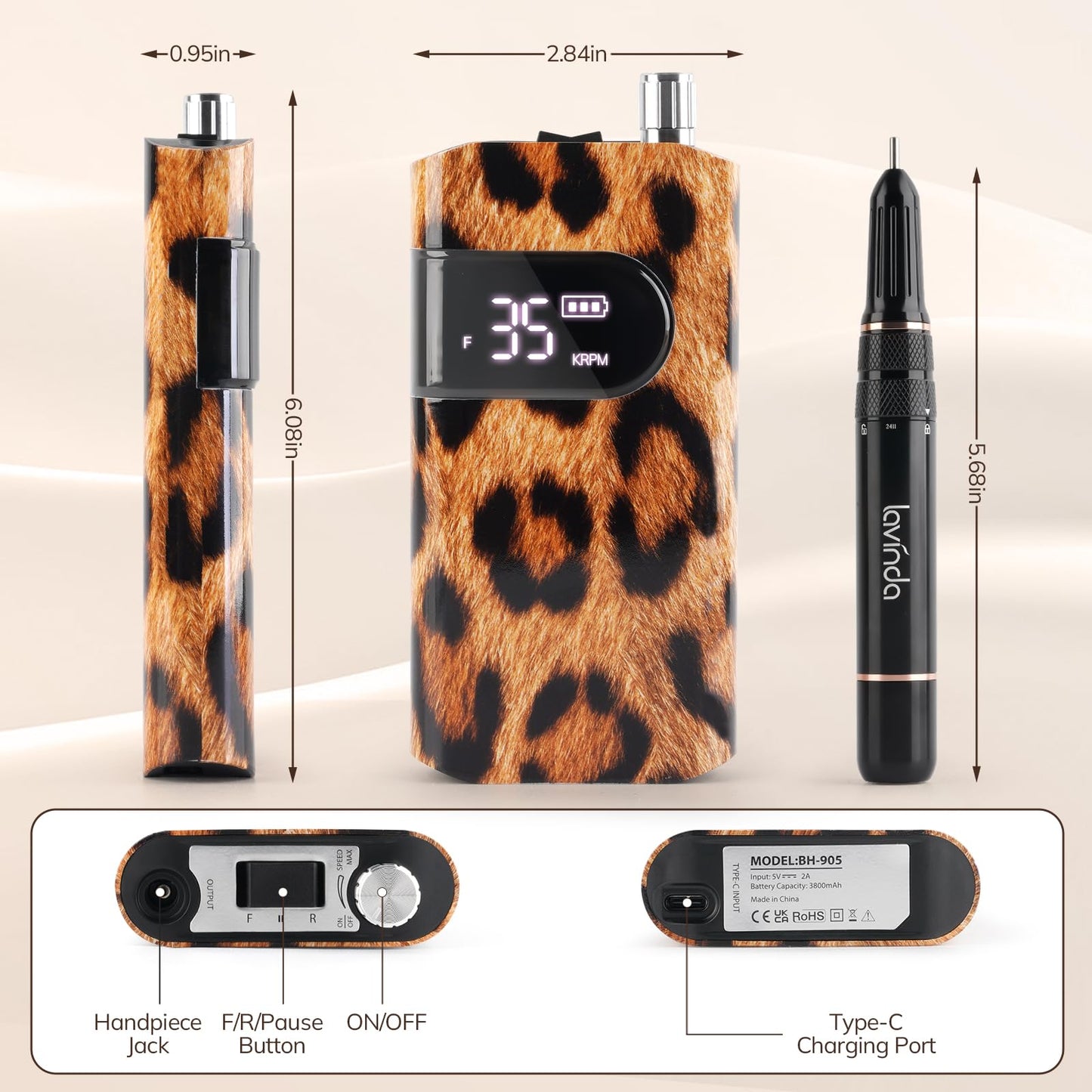 Lavinda Leopard UV Light for Gel Nails 54W Cordless Rechargeable Nail UV Lamp Nail Light & 35000RPM Electric Nail Drill Portable Rechargeable Nail Efile