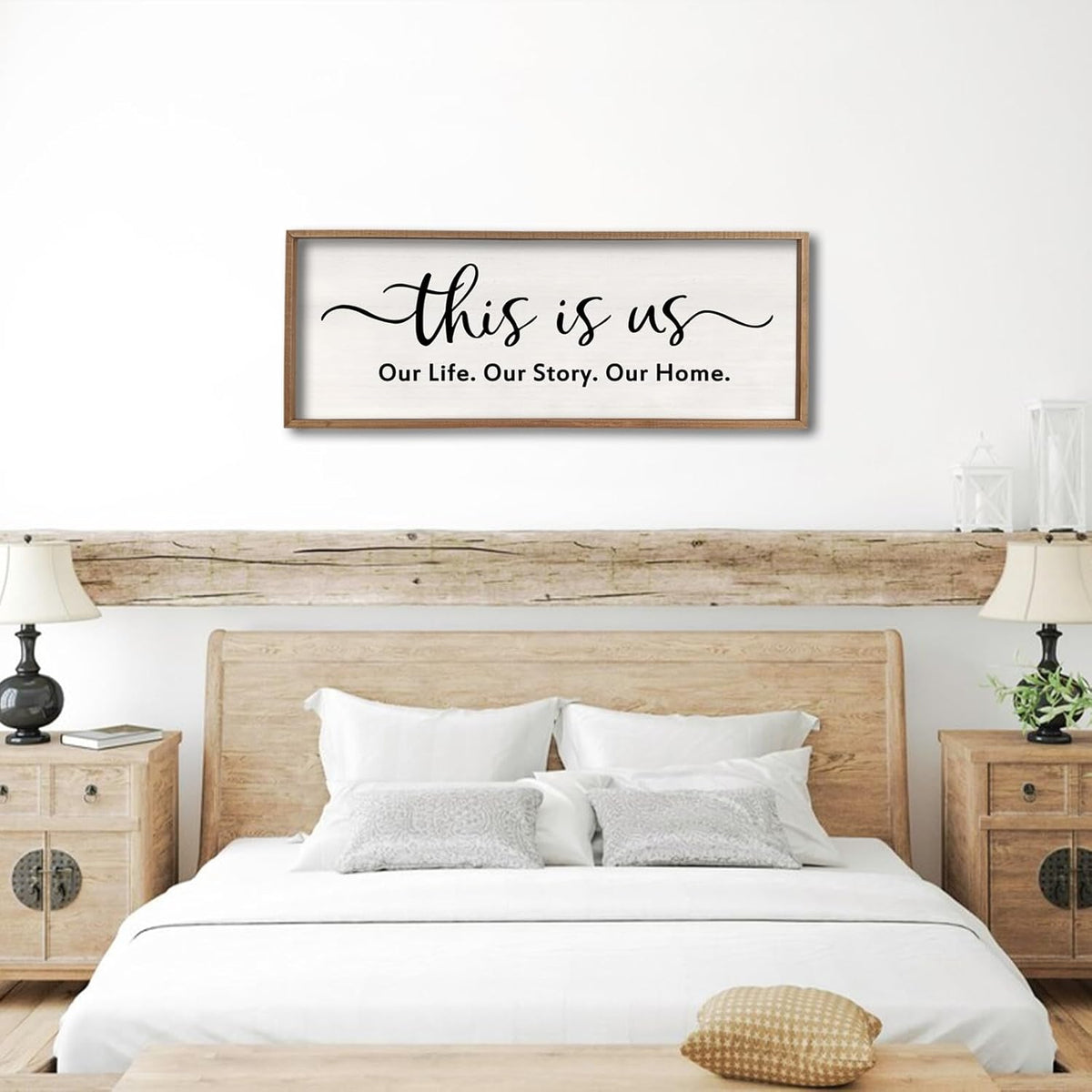 This is us Wall Decor Sign 32'' x 12'' Large Master Bedroom Home Life Story Wood Framed Vintage Family Sign Rustic Plaque Living Room Minimalist Farmhouse Hanging Wall Art (Wood)