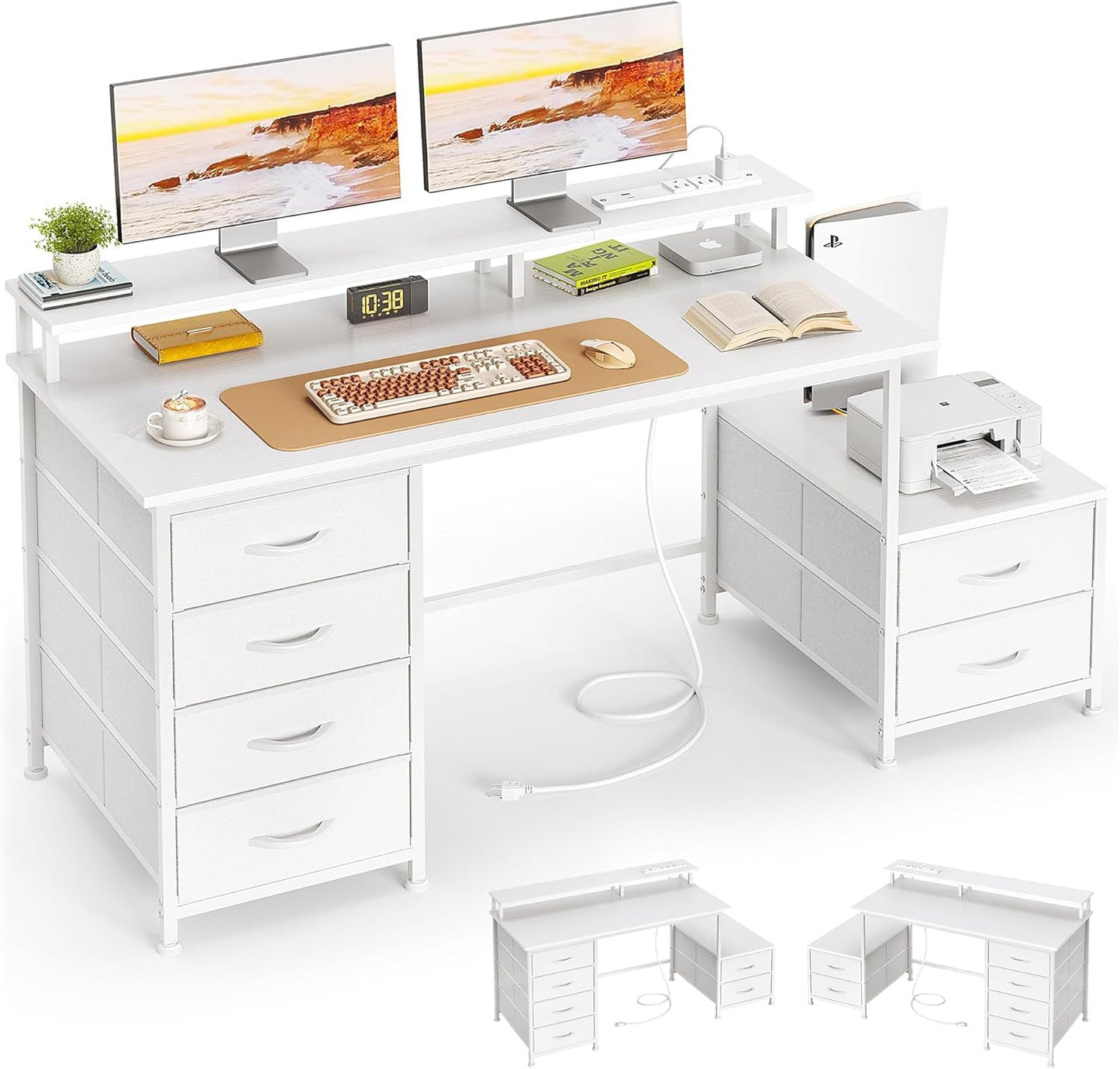 Flrrtenv 52 Inch Office Desk with 6 Drawers and Printer Space for Storage, Reversible Computer Desk with Monitor Stand & Power Outlets, Home Office Desks, White