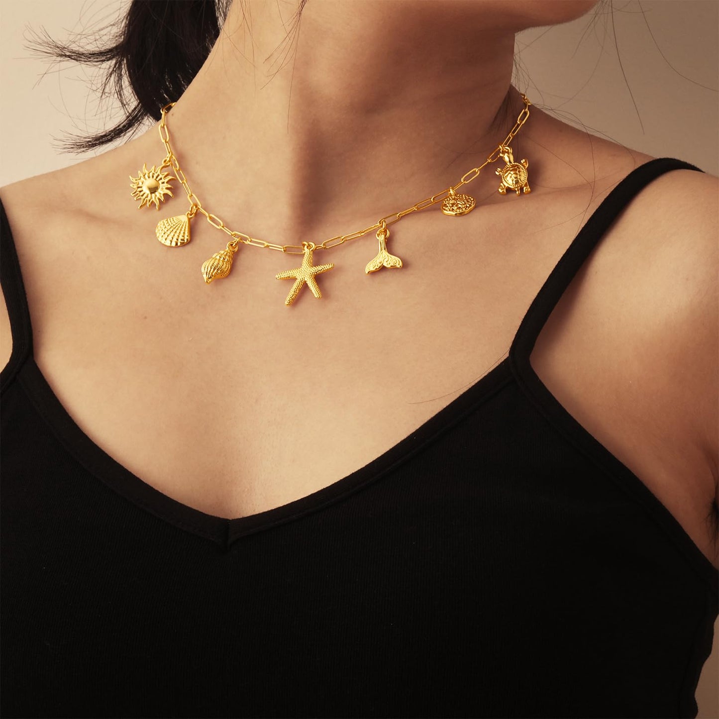 Lydow Charm Necklace for Women, Shell Beach Summer Sun Starfish Turtle Necklaces Pendant Seashell Boho Jewelry Gifts Paperclip Chain Beachy Her