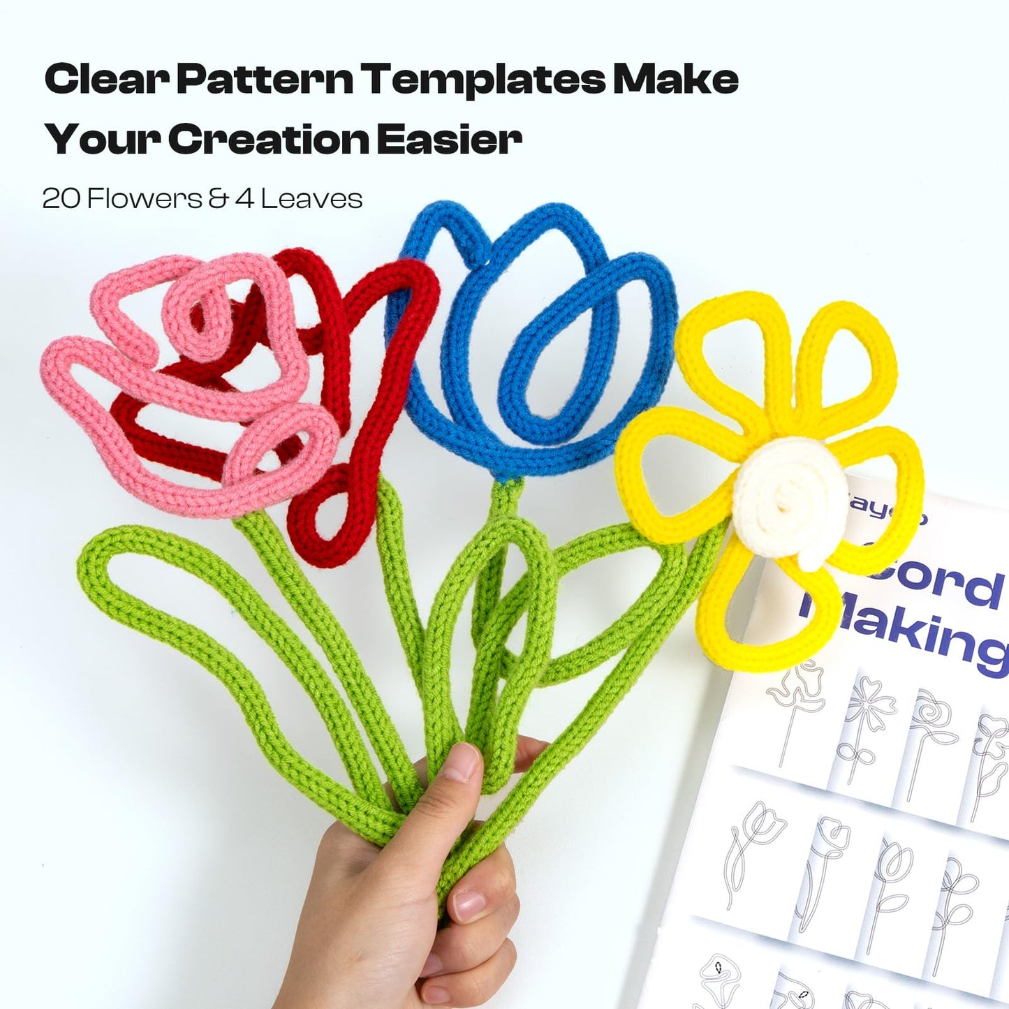 Caydo i Cord Flower Making Kit with 20 Flowers & 4 Leaves Templates, 10pcs Yarn and 82ft Craft Wire Kits for Beginner, DIY Florals Handicraft Making Kit, Learn to Knitting iCord with i Cord Maker Tool
