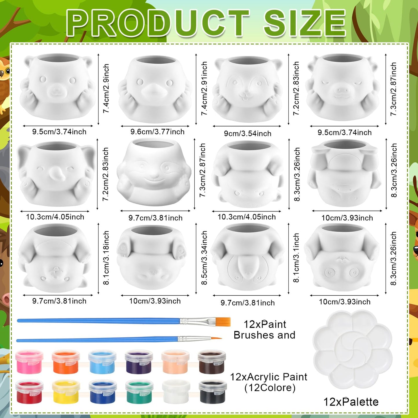 Chuangdi 12 Sets Ceramics to Paint 12 Style DIY Ceramic Succulent Planter Pots Unpainted Bisque Flower Pots Paintable Craft with Drainage Hole, Paints, Brushes, Palettes