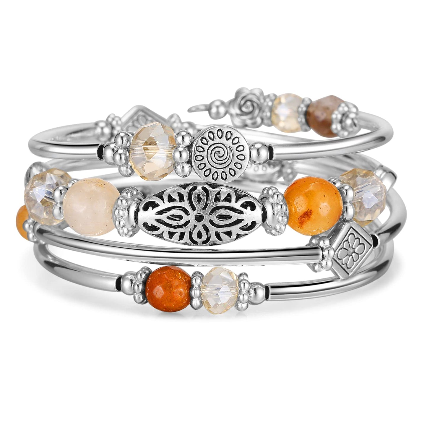 FULU AUTUMN Stackable Beaded Bracelets for Women Boho Wrap Silver Bracelet Layered Fashion Jewelry Gifts for Her(Brown)