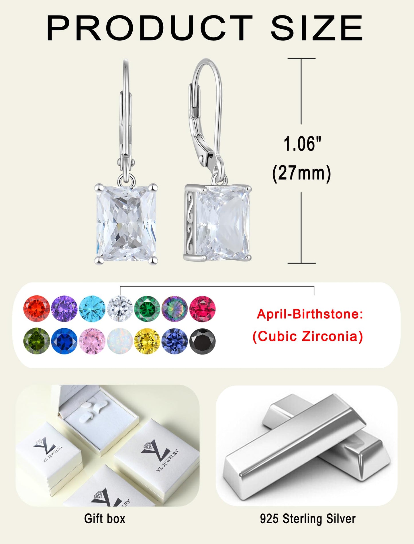 YL Solitaire Dangle Drop Earrings 925 Sterling Silver Leverback Earrings 8X10MM Square Cubic Zirconia Jewelry
