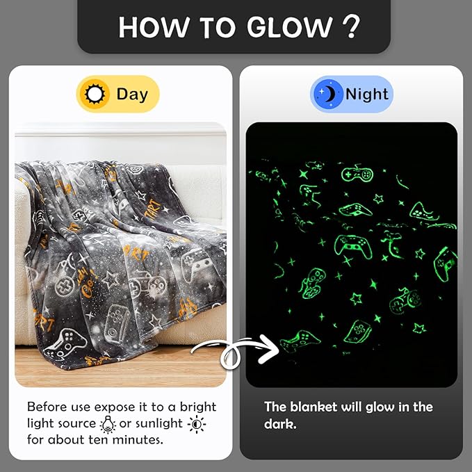 SOCHOW Glow in The Dark Gaming Blanket for Gamers, Soft Cozy Gamepad Game Controller Throw Gift Toys for Teens Youths Adults, Birthday Easter Room Decor Blanket, Grey 50 x 60 Inches