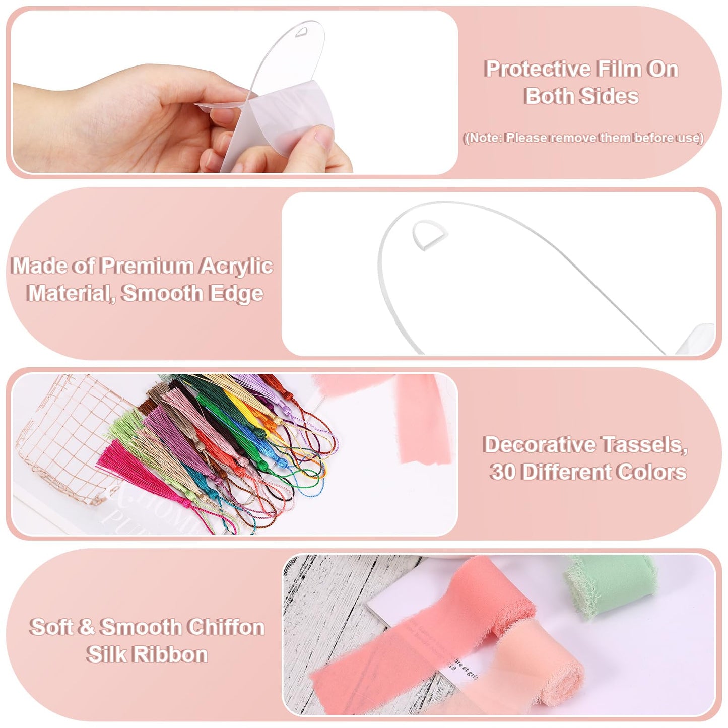 100 Pieces Acrylic Bookmark Blanks, Clear Acrylic Bookmarks with 30 Pieces Tassels and 4 Rolls Chiffon Silk Ribbon, Transparent DIY Bookmarks for Book Lover Crafts Present Tag Reading Accessories