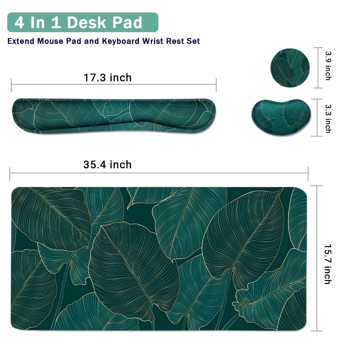 Ergonomic Large Mouse Pad and Keyboard Wrist Rest, Desk Pad for Keyboard and Mouse, 4-in-1 Large Gaming Mouse Pad with Wrist Support for Home Office Study Game-Green Leaves