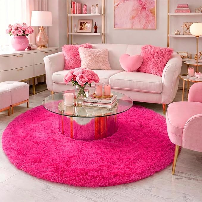 Hot Pink Round Rug 4Ft for Girls Bedroom, Fluffy Circle Area Rugs for Kids Room Decor Aesthetic, Shag Plush Fuzzy Furry Carpet for Living Room, Nursery, Dorm, Classroom, Teen, Cute Shaggy Baby Rug