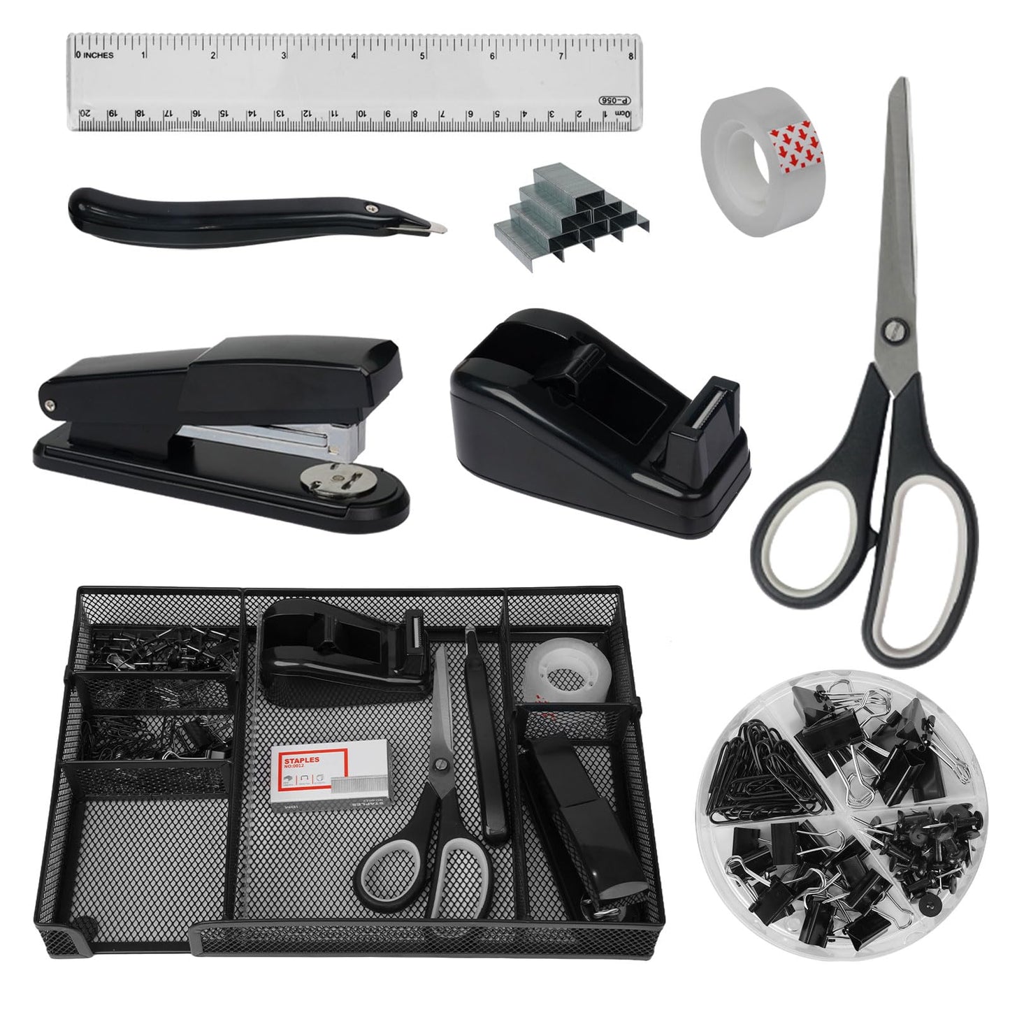 Office Desk Accessories, Desk Organizers and Accessories, Stapler and Tape Dispenser Set Metal Storage Box,Stapler,Staple Remover,Paper Clips,Ruler,Scissors.Suitable for Office and Study Use,Black