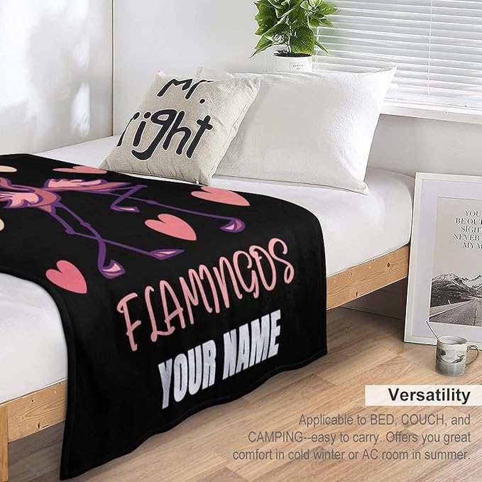 Custom Flamingo Throw Blanket Gifts with Name - 40 x 50 Inches Funny Throws for Kids - Black Fluffy Fuzzy Plush Blankets for Work